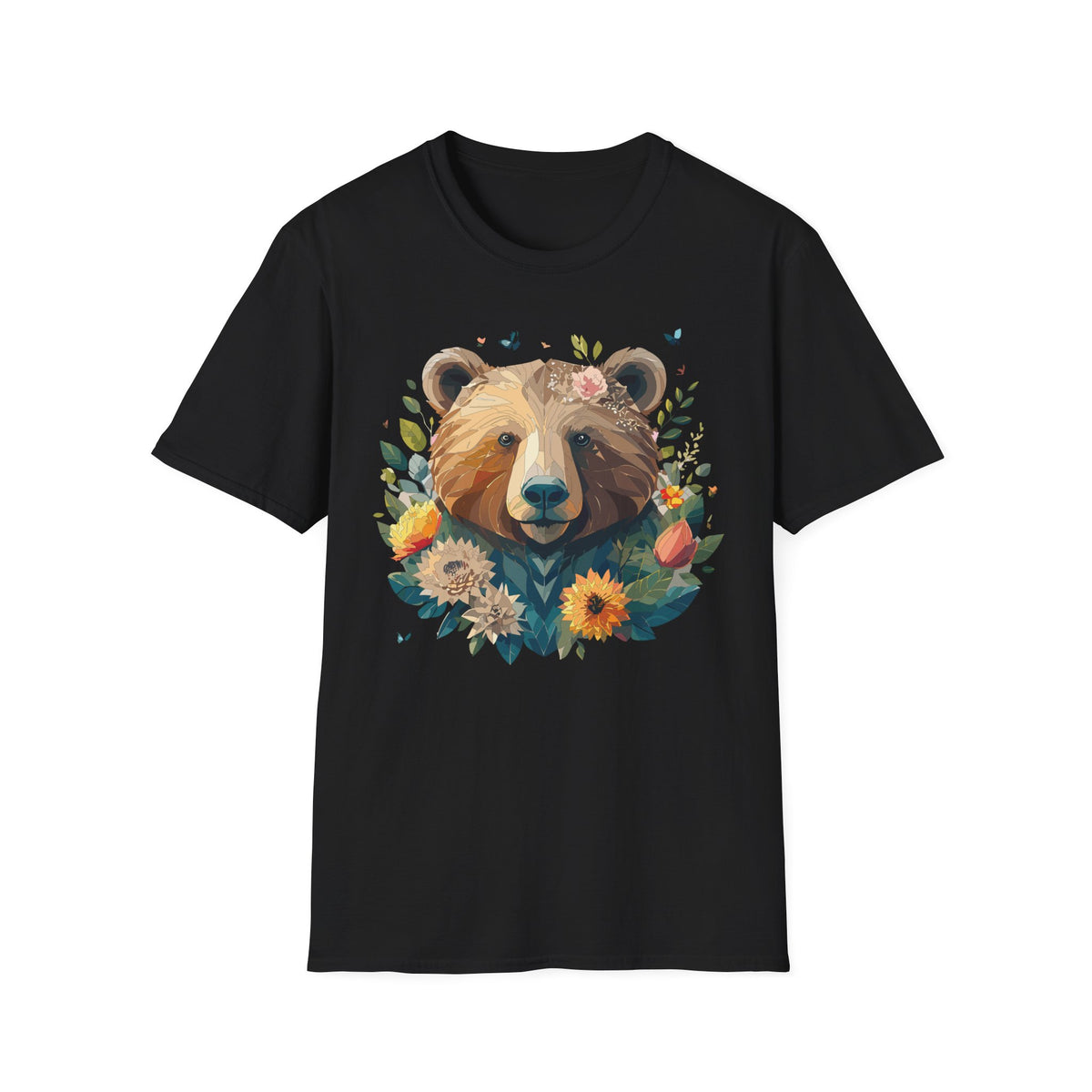 Floral Bear Illustration T-Shirt | Bear Face with Flowers