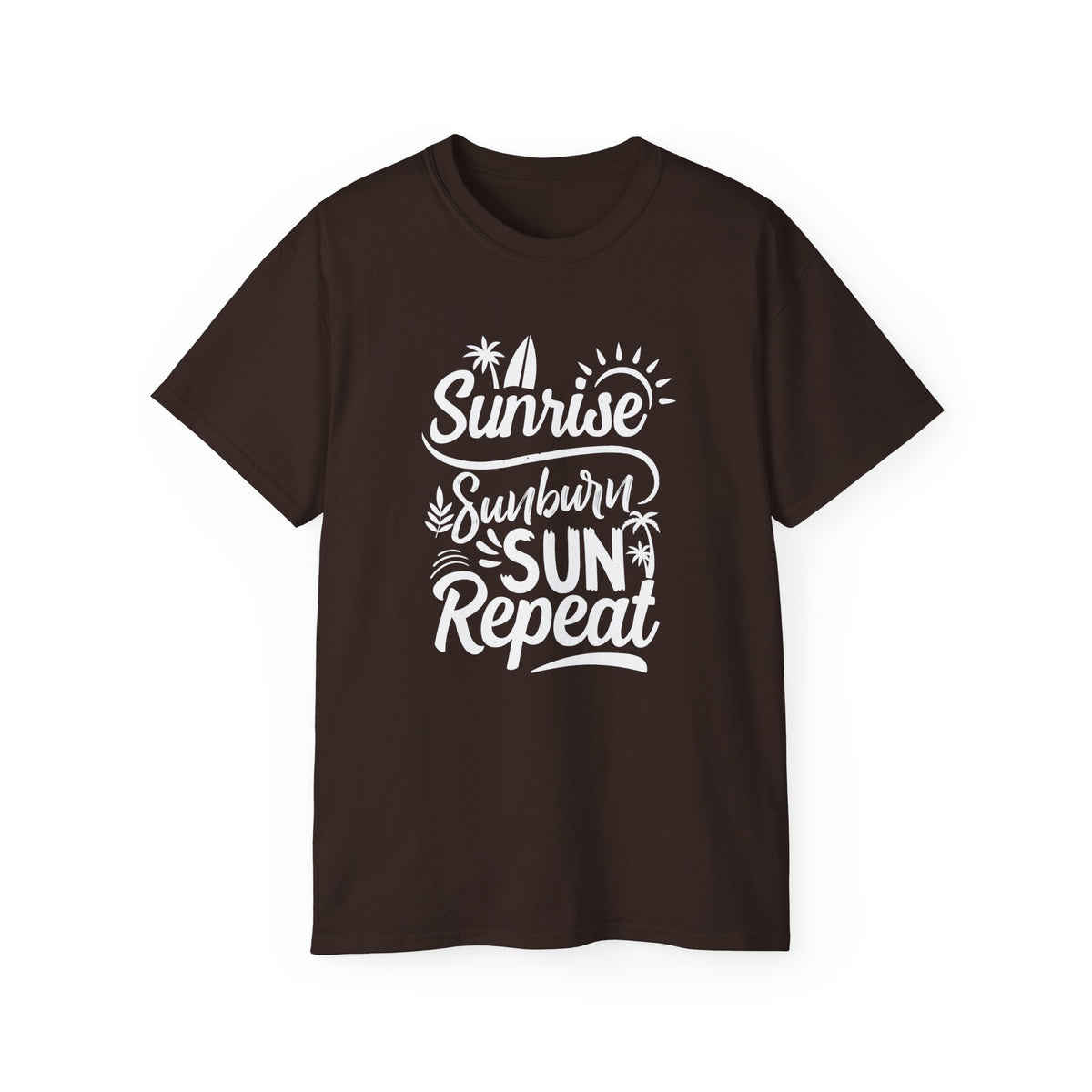 Sunrise Sunburn Sun Repeat T-Shirt | Beach Surf Typography Tee