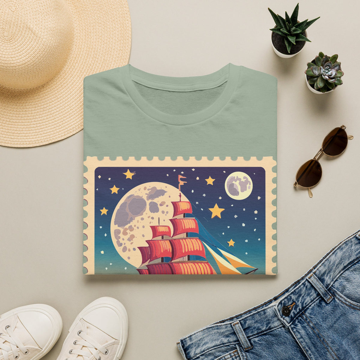 Vintage Sailing Ship Moon Poster T-Shirt | Nautical Ship Illustration