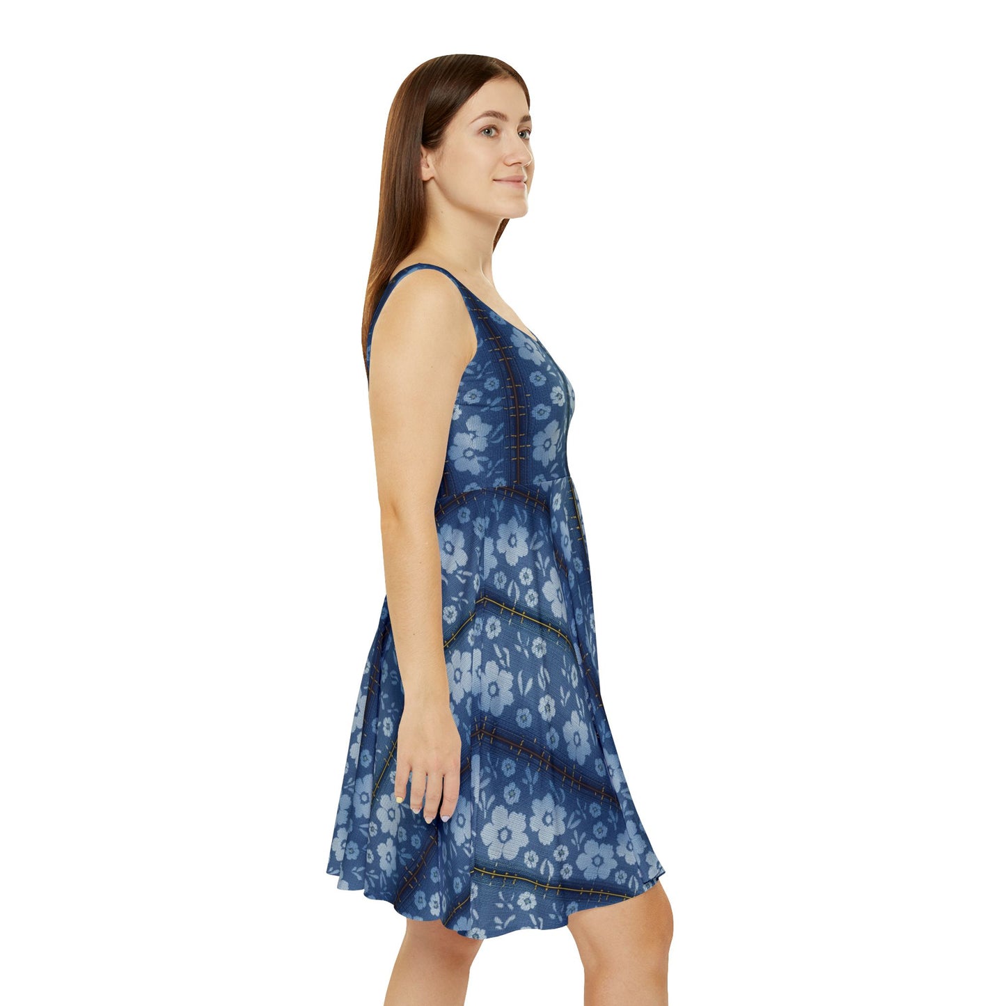 Women Denim Print Skater Dress, Denim Print Poly-Span Dress - 31