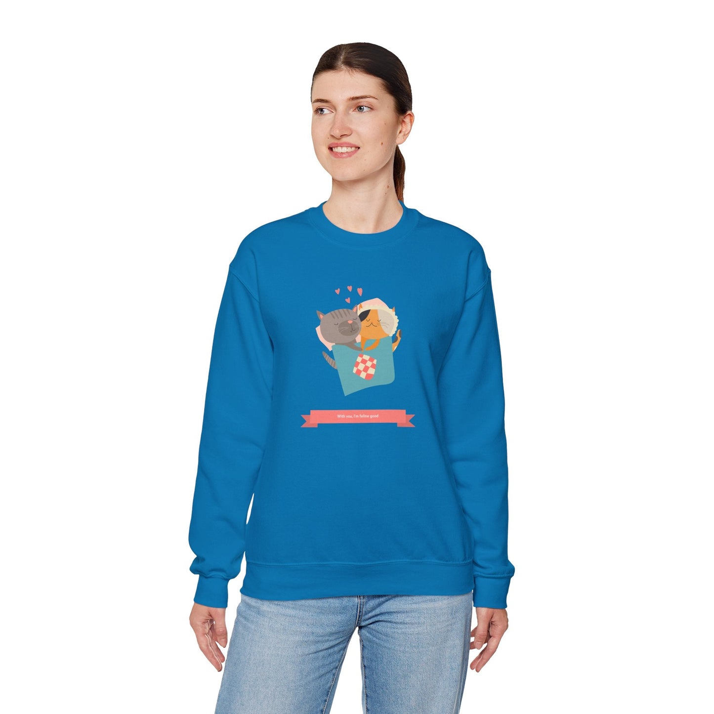 Cat Heart Sweatshirt Unisex Valentines Day 50 50 Cotton Poly Crewneck Gildan 18000