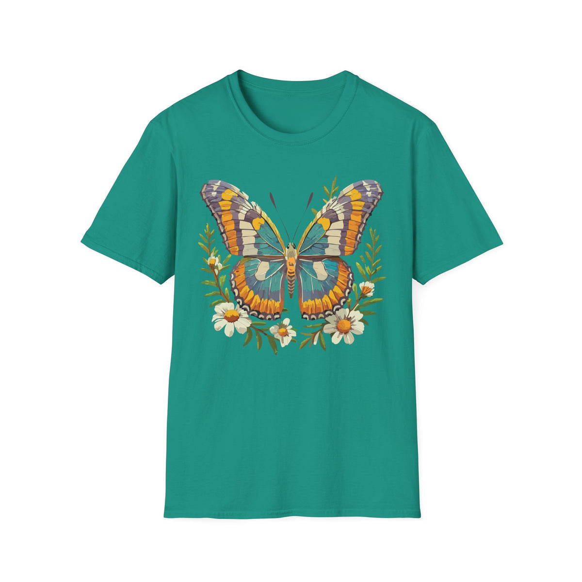 Teal Orange Butterfly T-Shirt | Floral Butterfly Illustration Graphic Tee Unisex 100 Cotton Gildan T-Shirt
