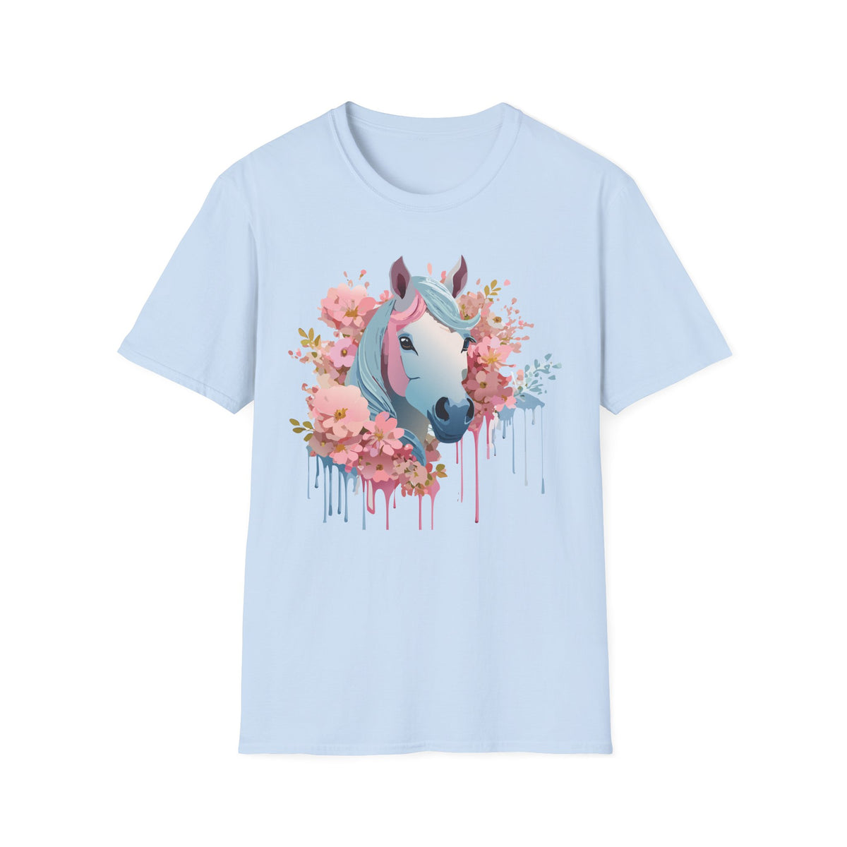 Pastel Floral Unicorn T-Shirt | Horse Portrait, Pink Blue Mane