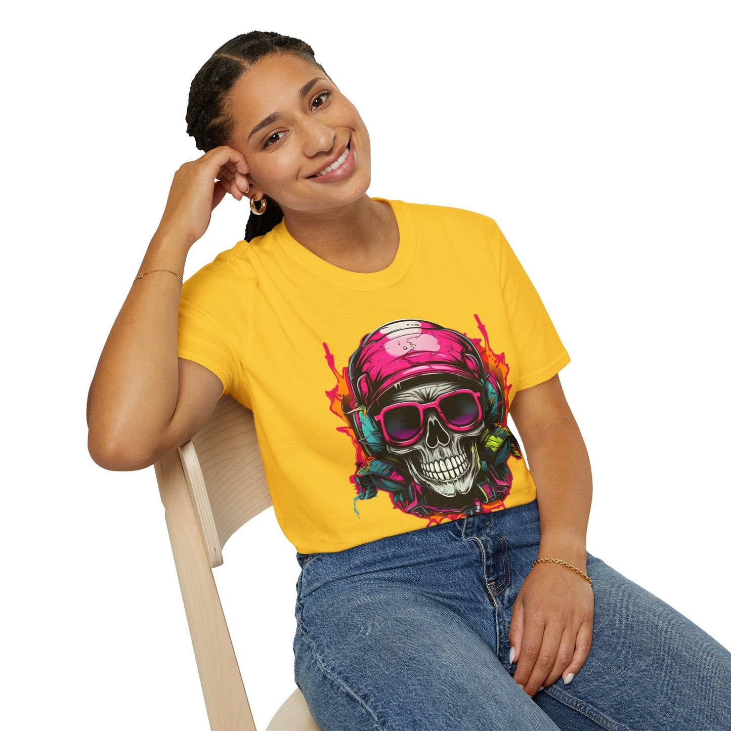 Unisex Skull Tee Shirt With Skeleton Design Gildan Softstyle 64000 Ring Spun Cotton