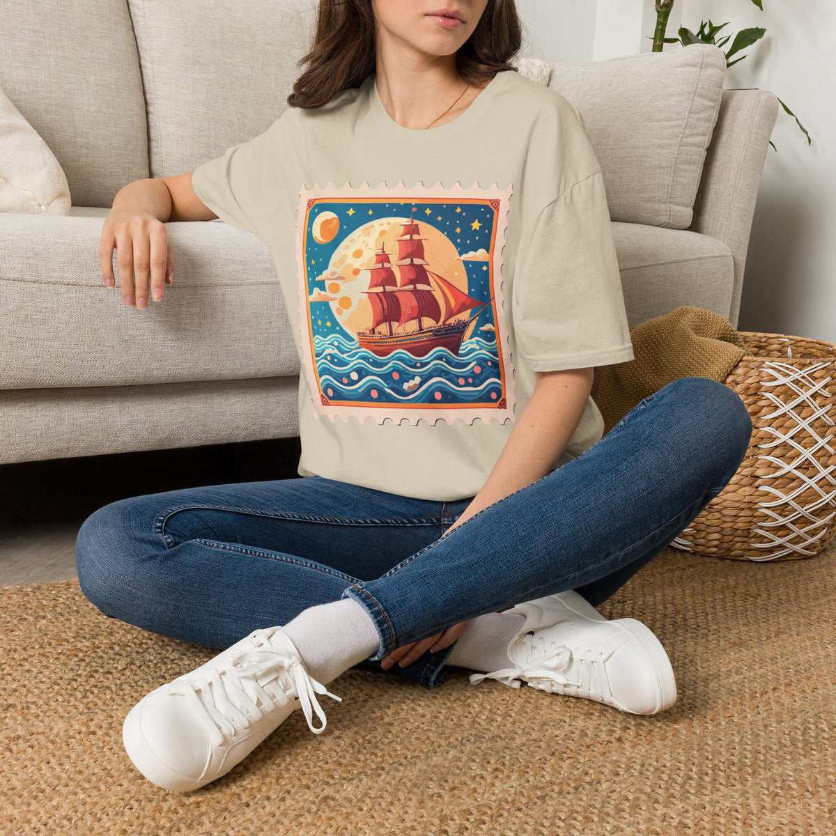Vintage Sailing Ship Stamp T-Shirt | Retro Moon Ocean Illustration