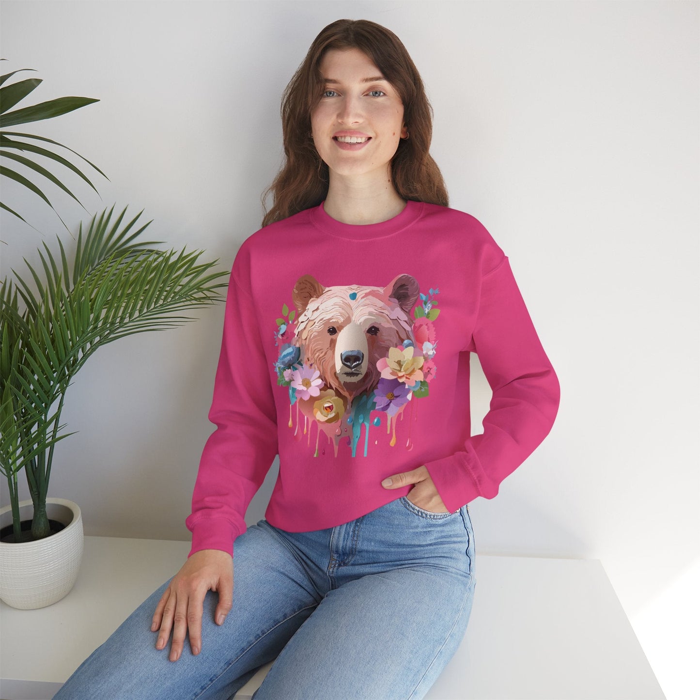 Unisex Floral Bear Sweatshirt Art Design Animals Print Gildan 18000