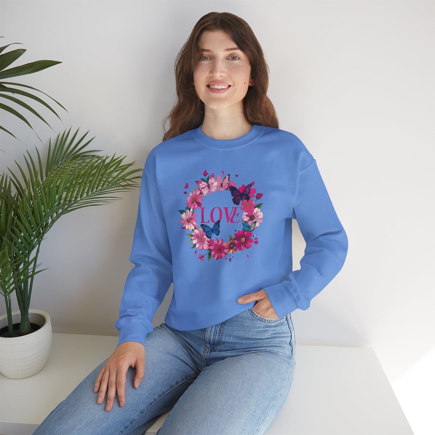 Unisex Floral Love Sweatshirt, Love Floral Sweatshirt, Floral Butterfly Sweatshirt, 50/50 Cotton-Poly Valentine's Day Sweatshirt 04