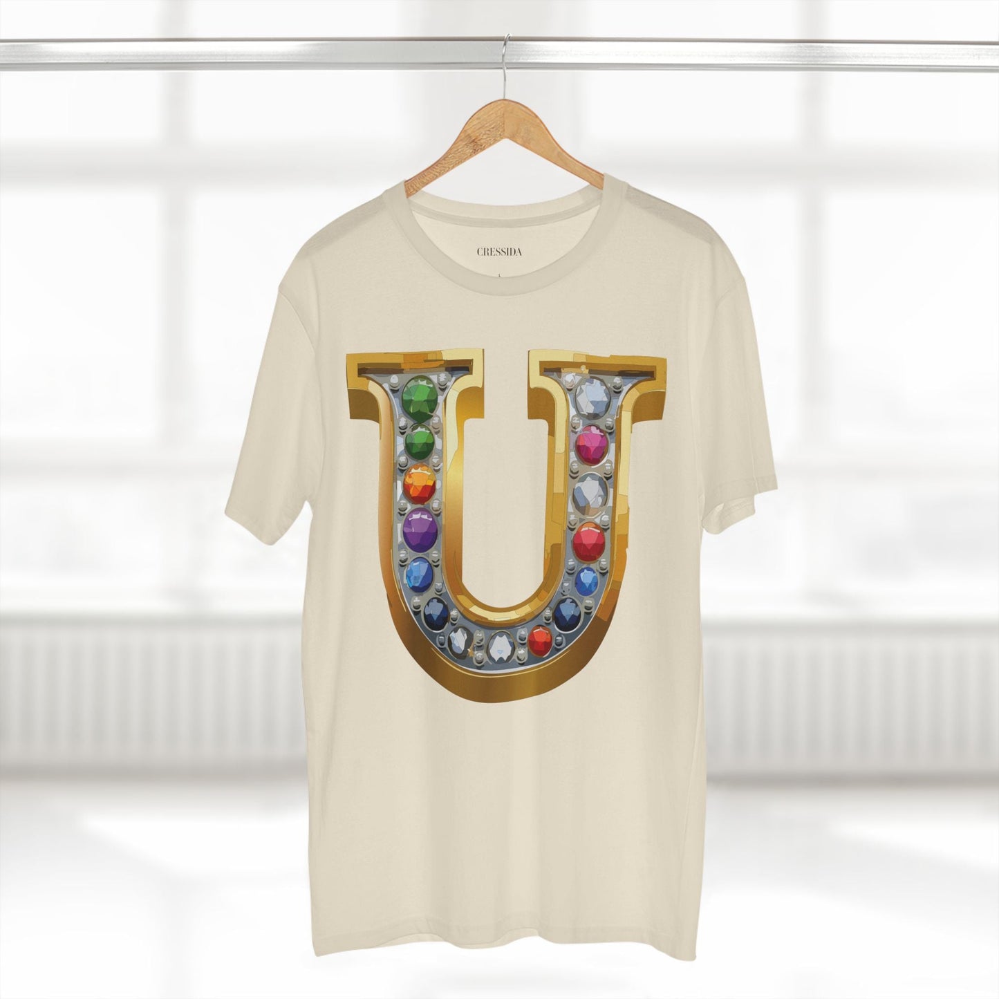 Letter U Graphic Design Tee Unisex 100 Cotton With Antique Gold Letters Artwork T-Shirt