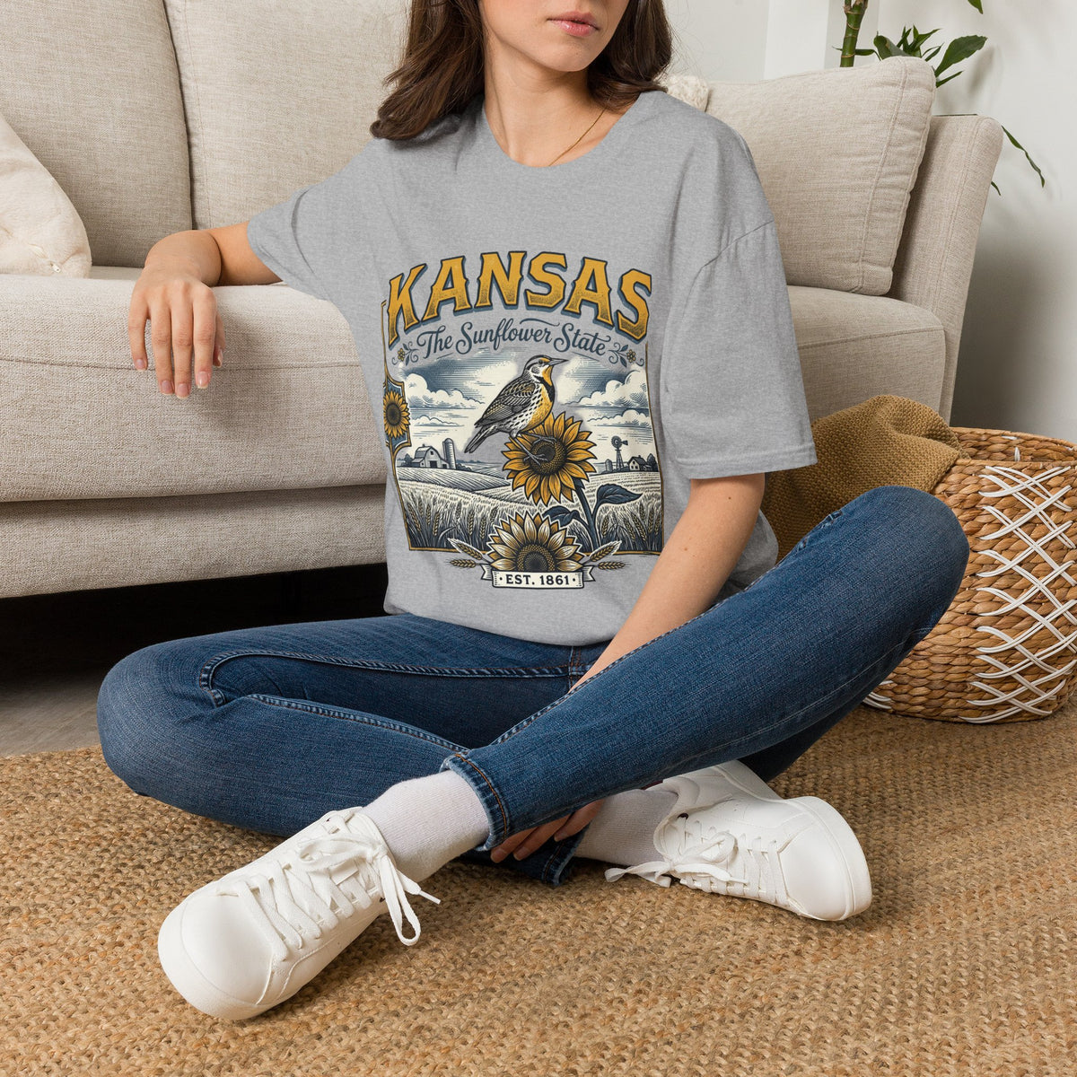 Kansas The Sunflower State T-Shirt | Vintage Meadow Bird Sunflower Design