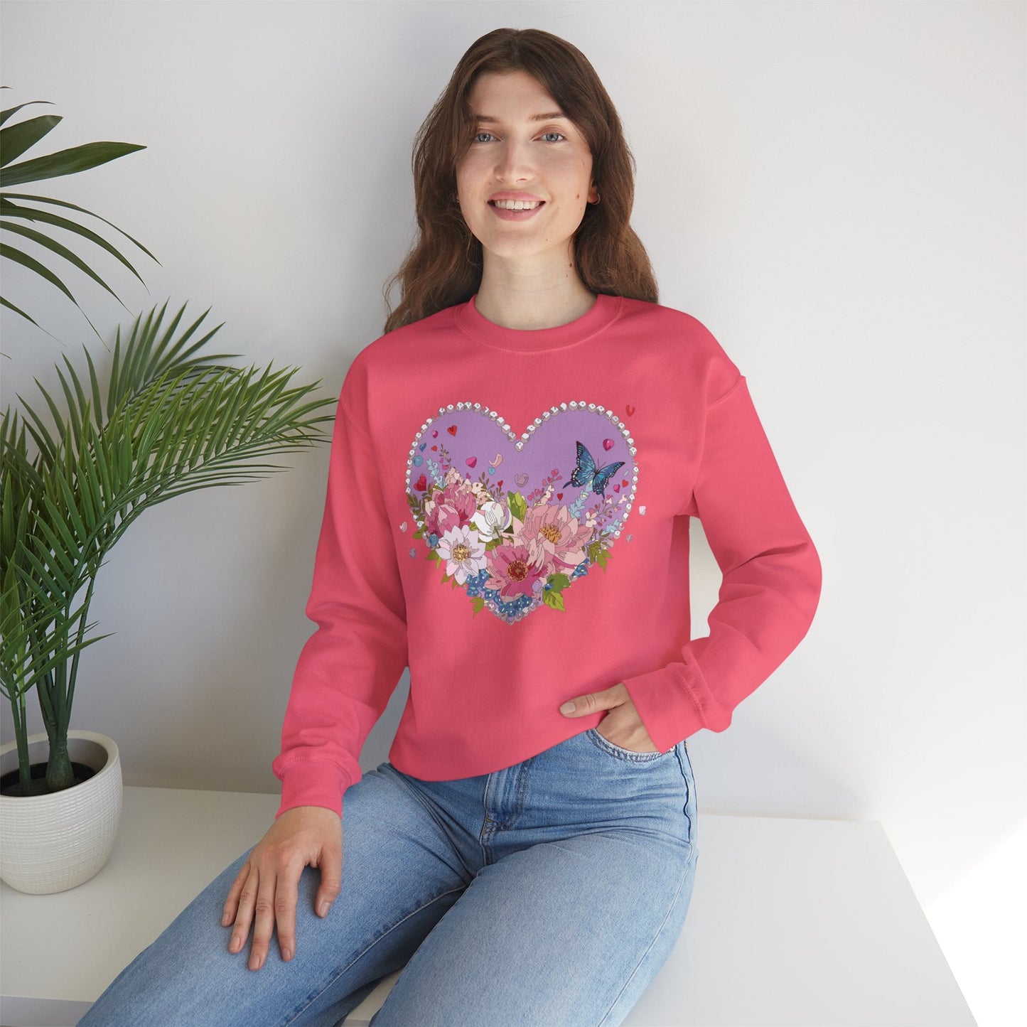 Floral Heart Sweatshirt Unisex Crewneck Valentines Day Heavy Blend Gildan 18000 Cozy Warm