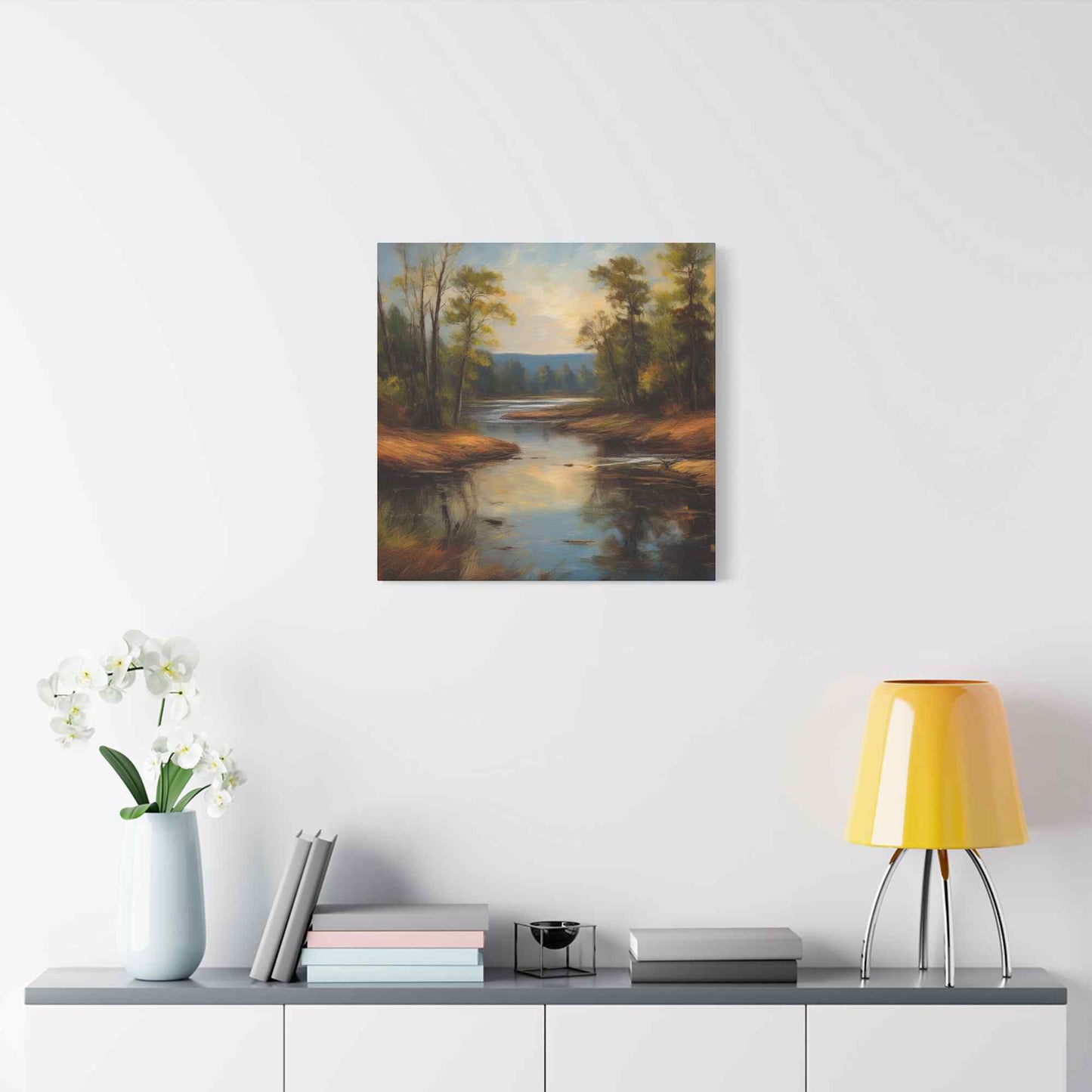 River Print Canvas, Landscape Oil Paint Print 20x20, 24x24, 30x30, 32x32, 36x36 Art Design Print Pine-Wood Inner Frame MC-51