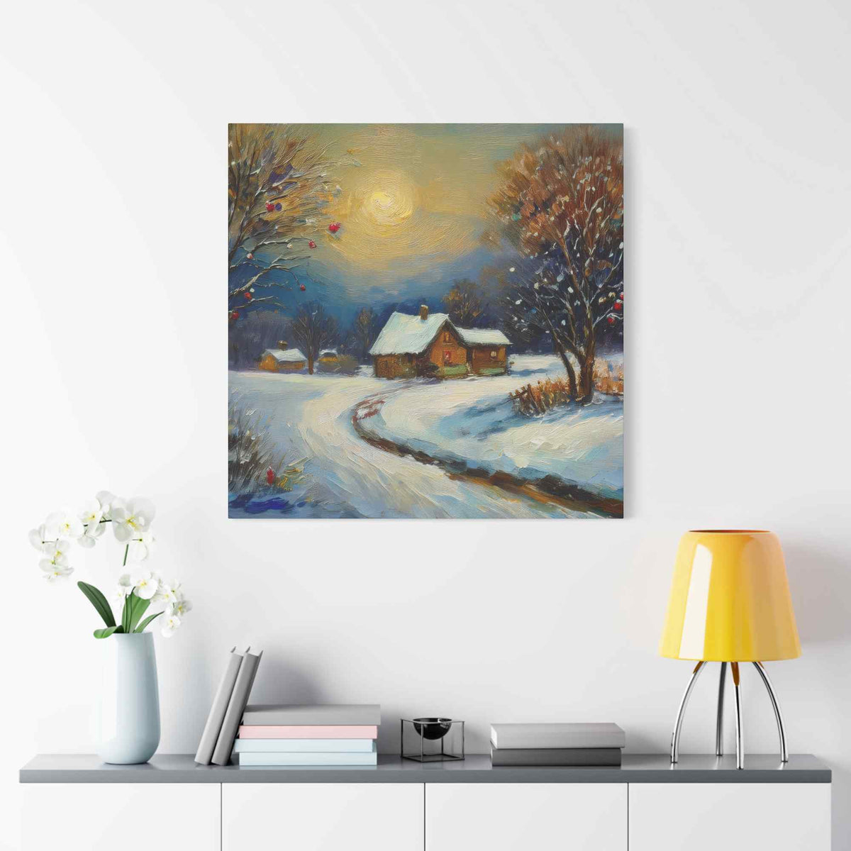 Countryside Winter Print Canvas, Oil Paint Print 20x20, 24x24, 30x30, 32x32, 36x36 Art Design Pine-Wood Inner Frame MC-112