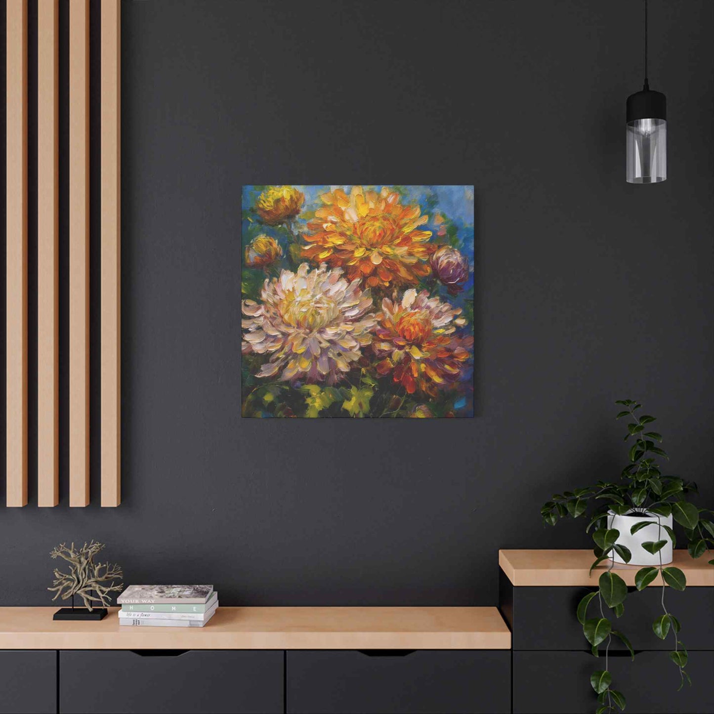 Chrysanthemums Print Canvas, Floral Oil Paint Print 20x20, 24x24, 30x30, 32x32, 36x36 Art Design Pine-Wood Inner Frame MC-156