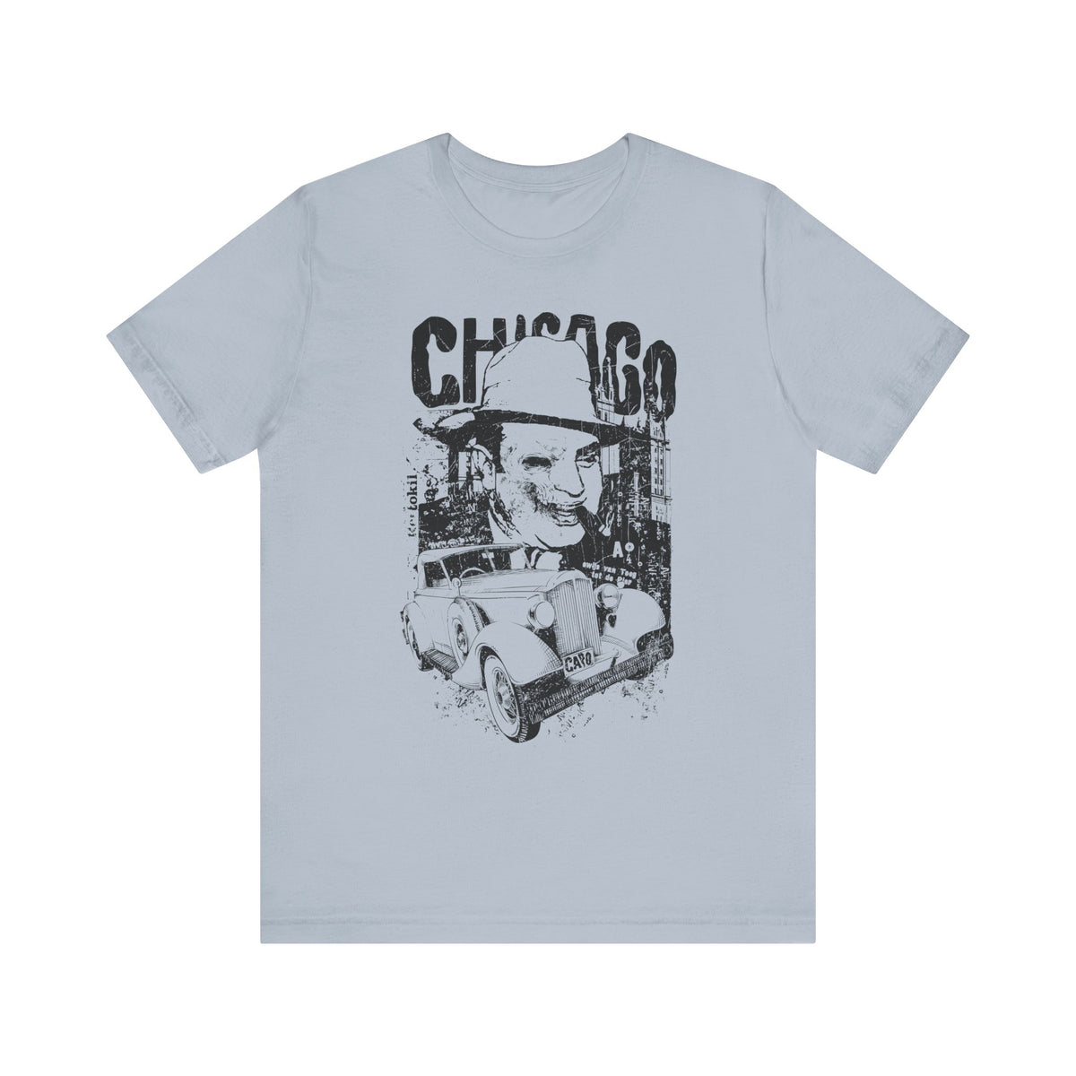 Chicago Retro Mobster Illustration Tee Vintage Car Cityscape Art Design Unisex Cotton T-Shirt A-8