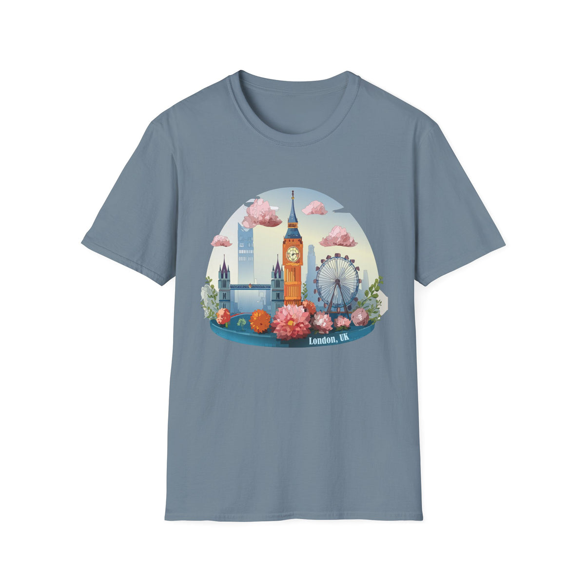 Whimsical London Skyline T-Shirt | Big Ben, London Eye, pastel clouds