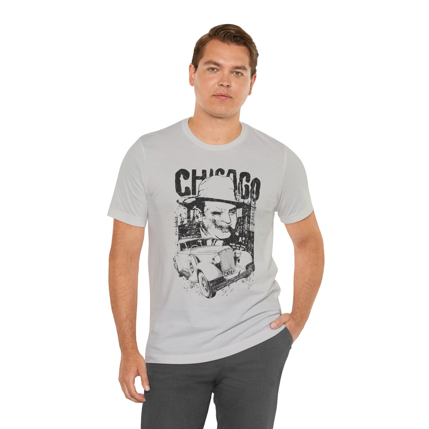 Chicago Retro Mobster Illustration Tee Vintage Car Cityscape Art Design T-Shirt A-8