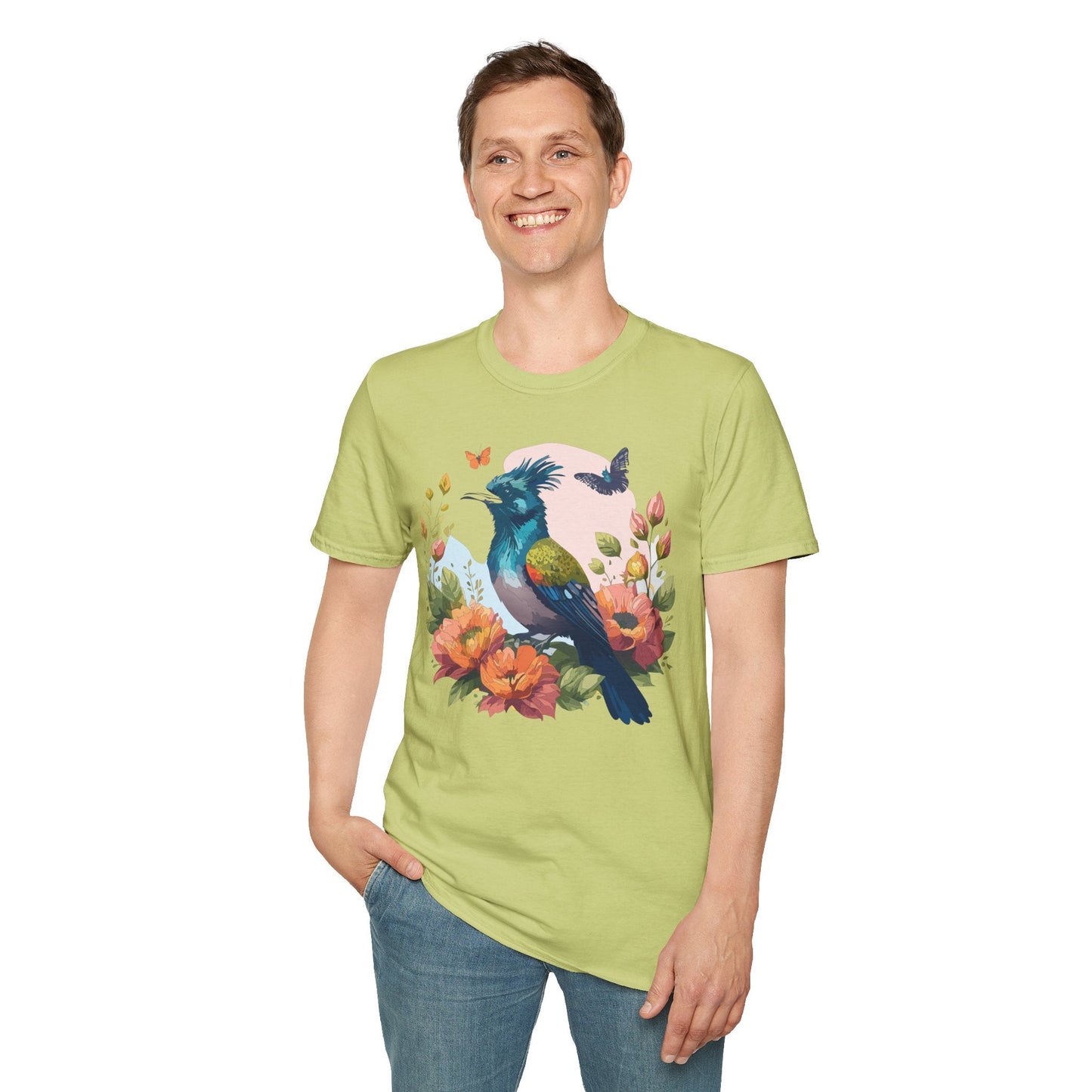Floral Bird T Shirt Unisex Tee 100 Percent Ring Spun Cotton Softstyle Gildan 64000 Comfort Fit