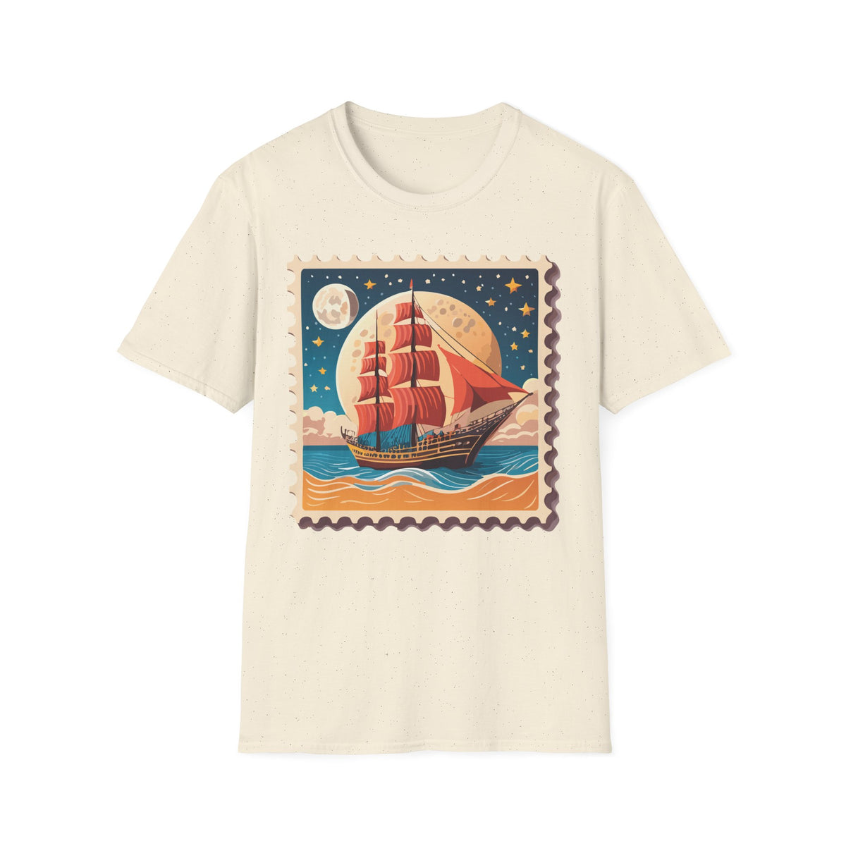 Vintage Sailing Ship Stamp T-Shirt | Retro Moonlit Ocean Illustration