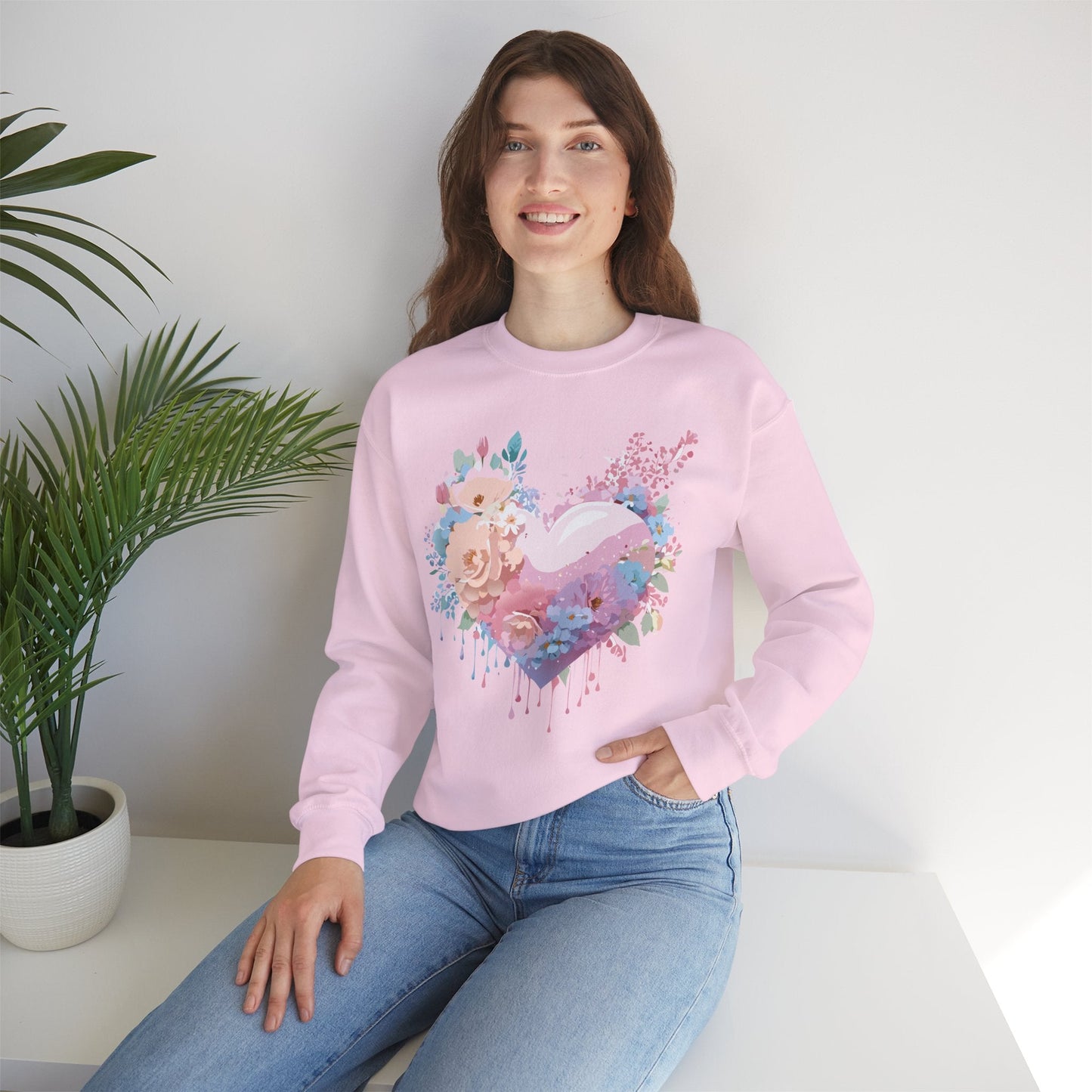 Floral Heart Sweatshirt Unisex Crewneck Valentines Day Floral Love Gildan 18000 Premium