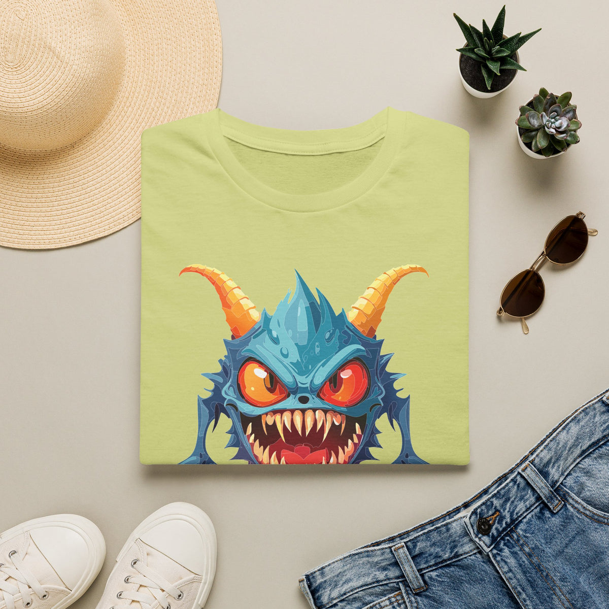 Monster Graphic T-Shirt — Cute Scary Blue Demon Tee for Halloween & Gamer Fans Cartoon Graphic Tee Unisex 100 Cotton Gildan T-Shirt