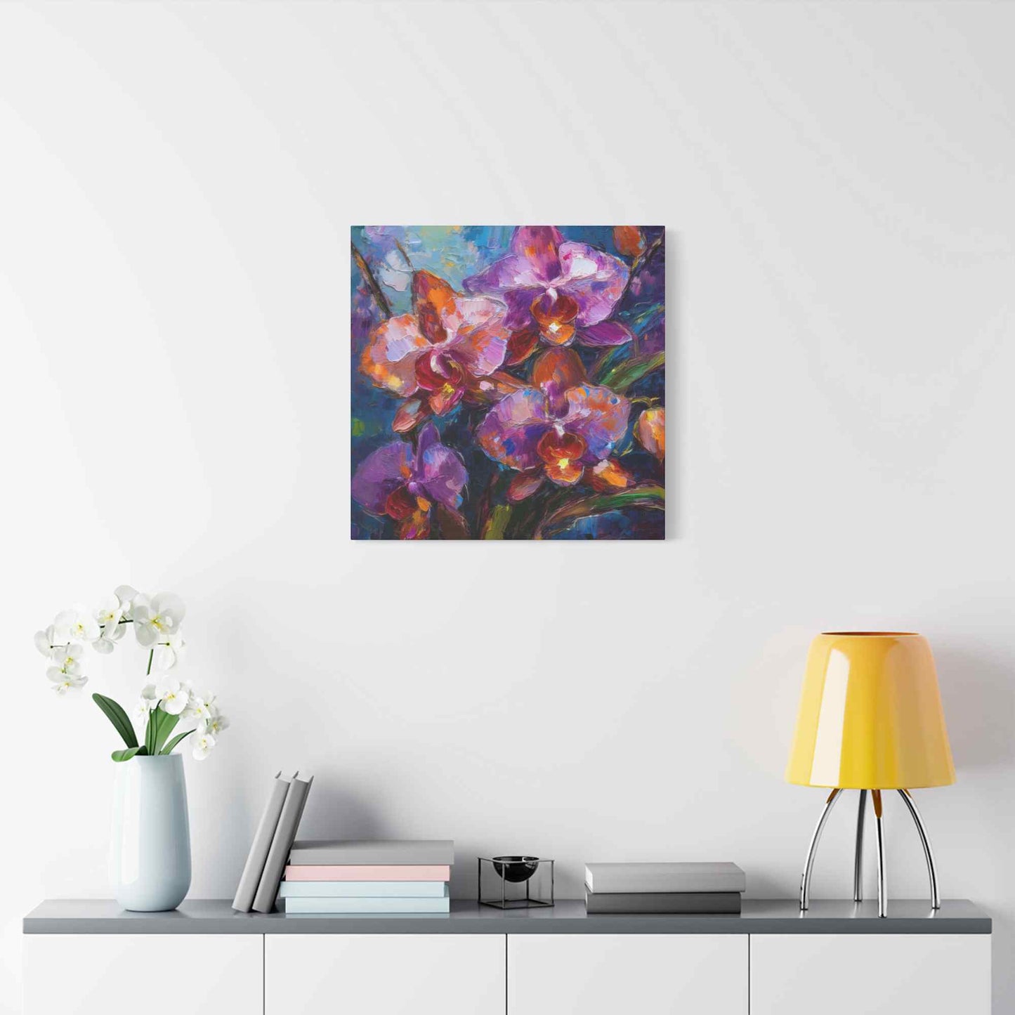 Purple Orchids Print Canvas, Floral Oil Paint Print 20x20, 24x24, 30x30, 32x32, 36x36 Art Design Pine-Wood Inner Frame MC-132