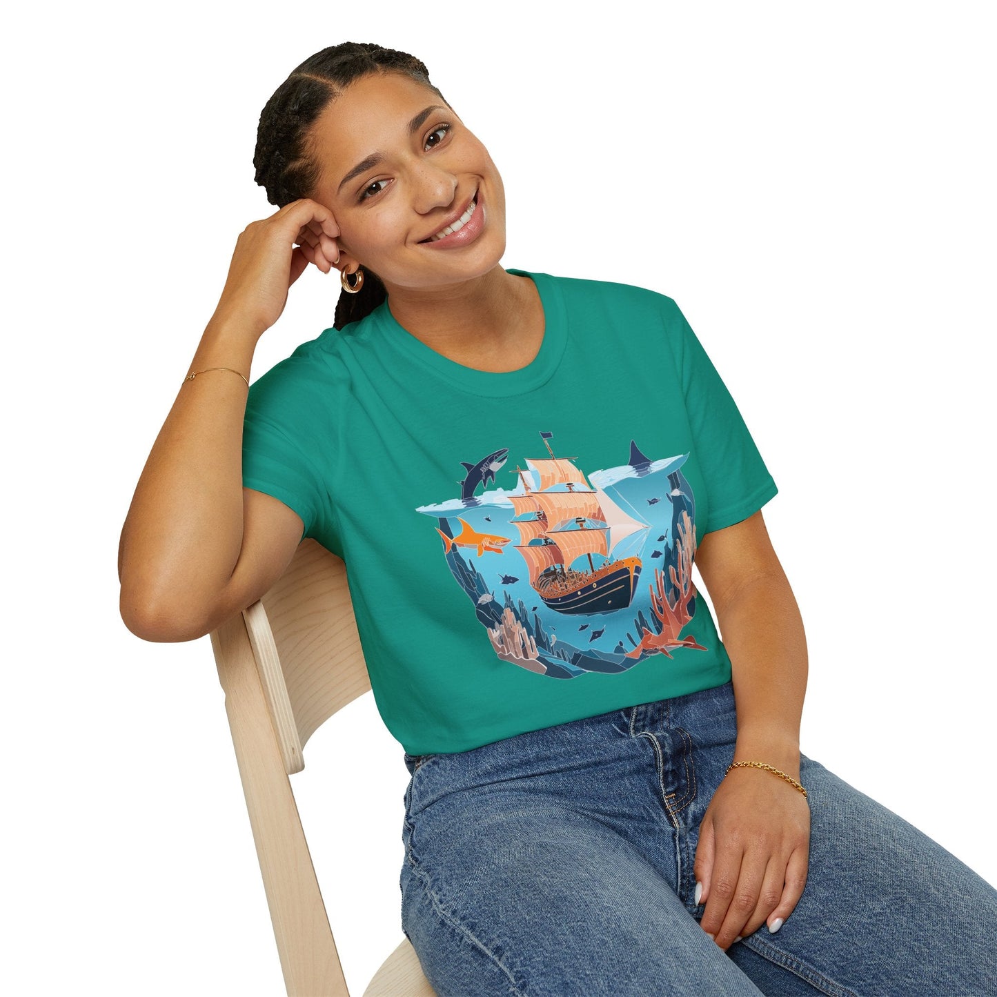 Ocean Tee Shirt Unisex Softstyle 64000 U Boat Design 100 Percent Ring Spun Cotton Tee