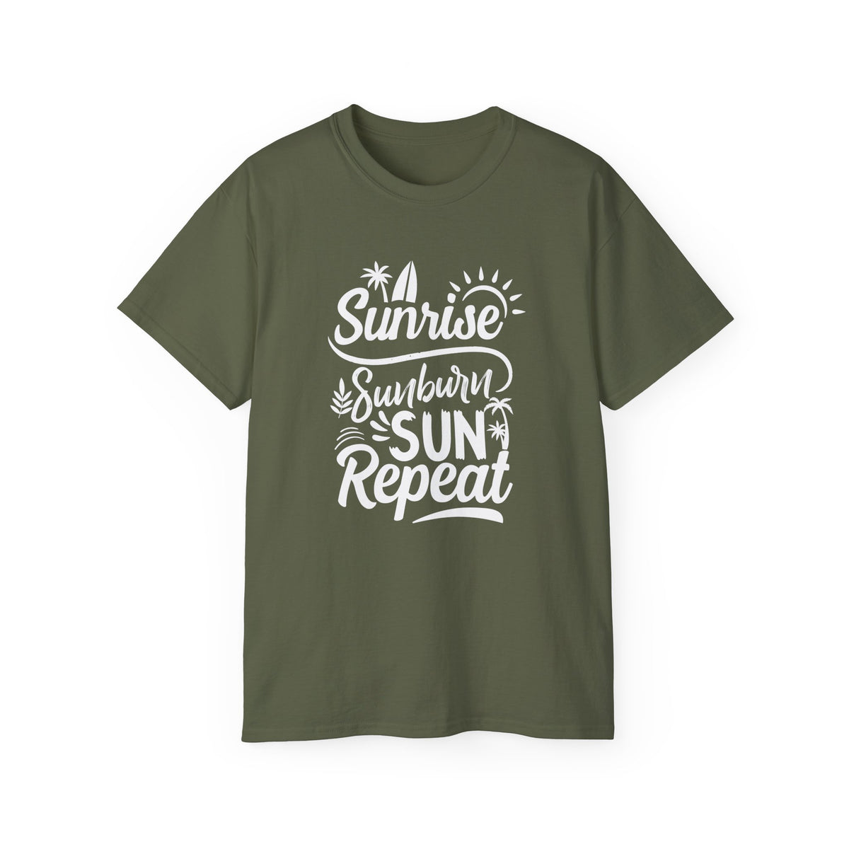 Sunrise Sunburn Sun Repeat T-Shirt | Beach Surf Typography Tee