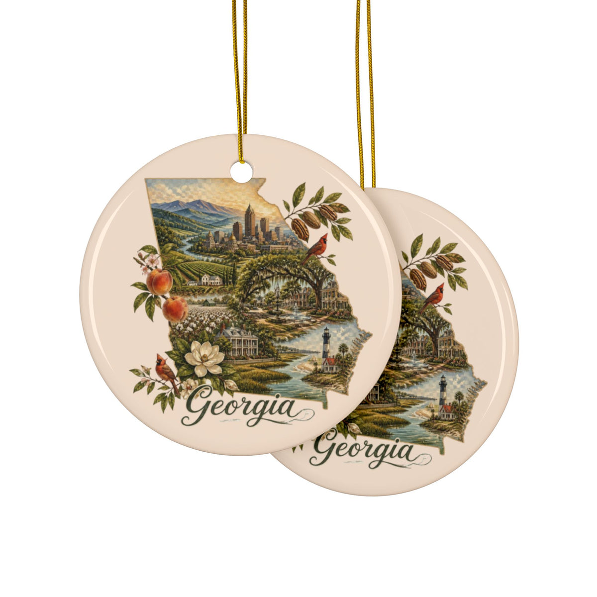 Georgia State Collage Ceramic Ornament | Round 2-Side Printed Ornament - 2.99" Includes Gold String