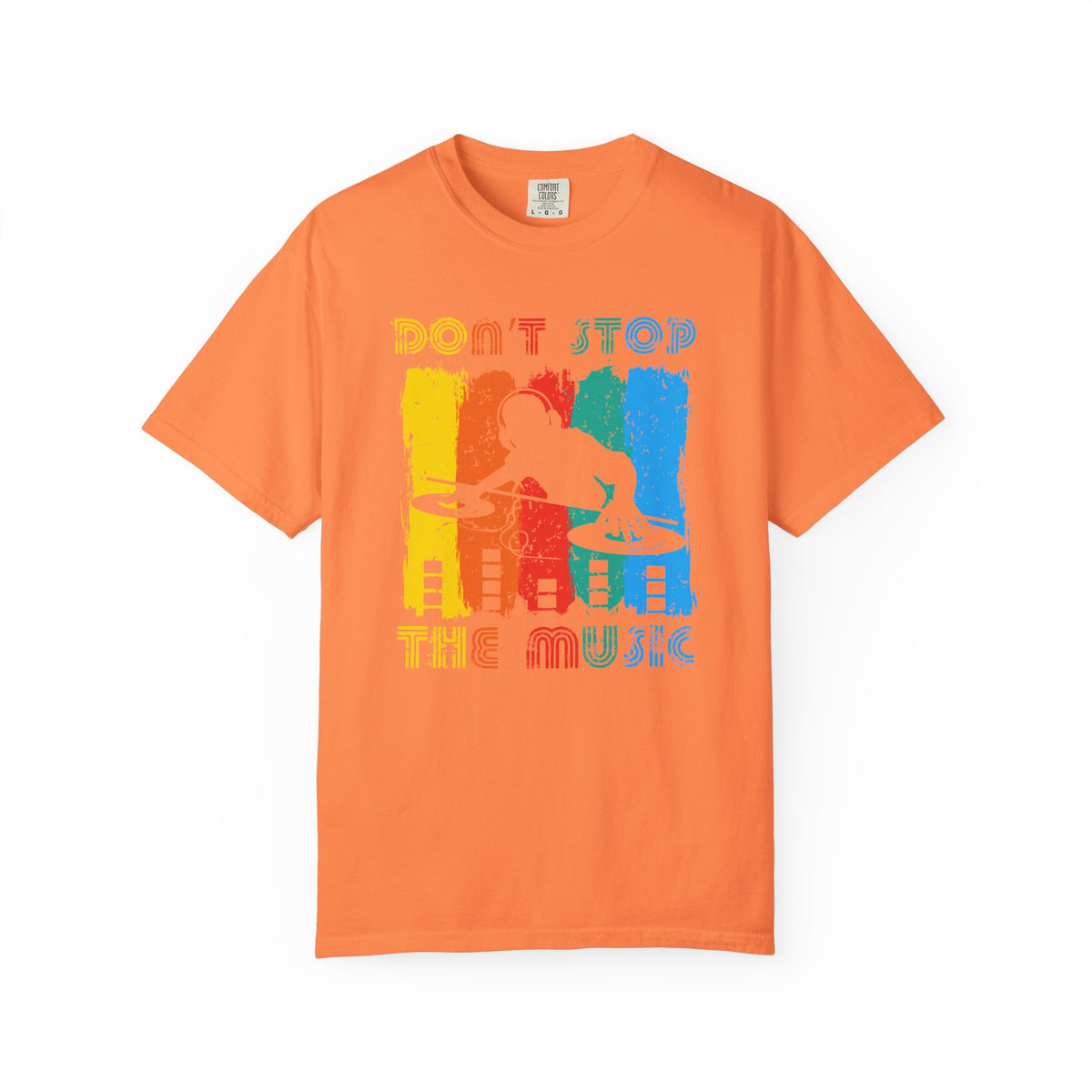 Don t Stop the Music DJ Silhouette T-Shirt Retro Rainbow Turntables Unisex Cotton Tee 014