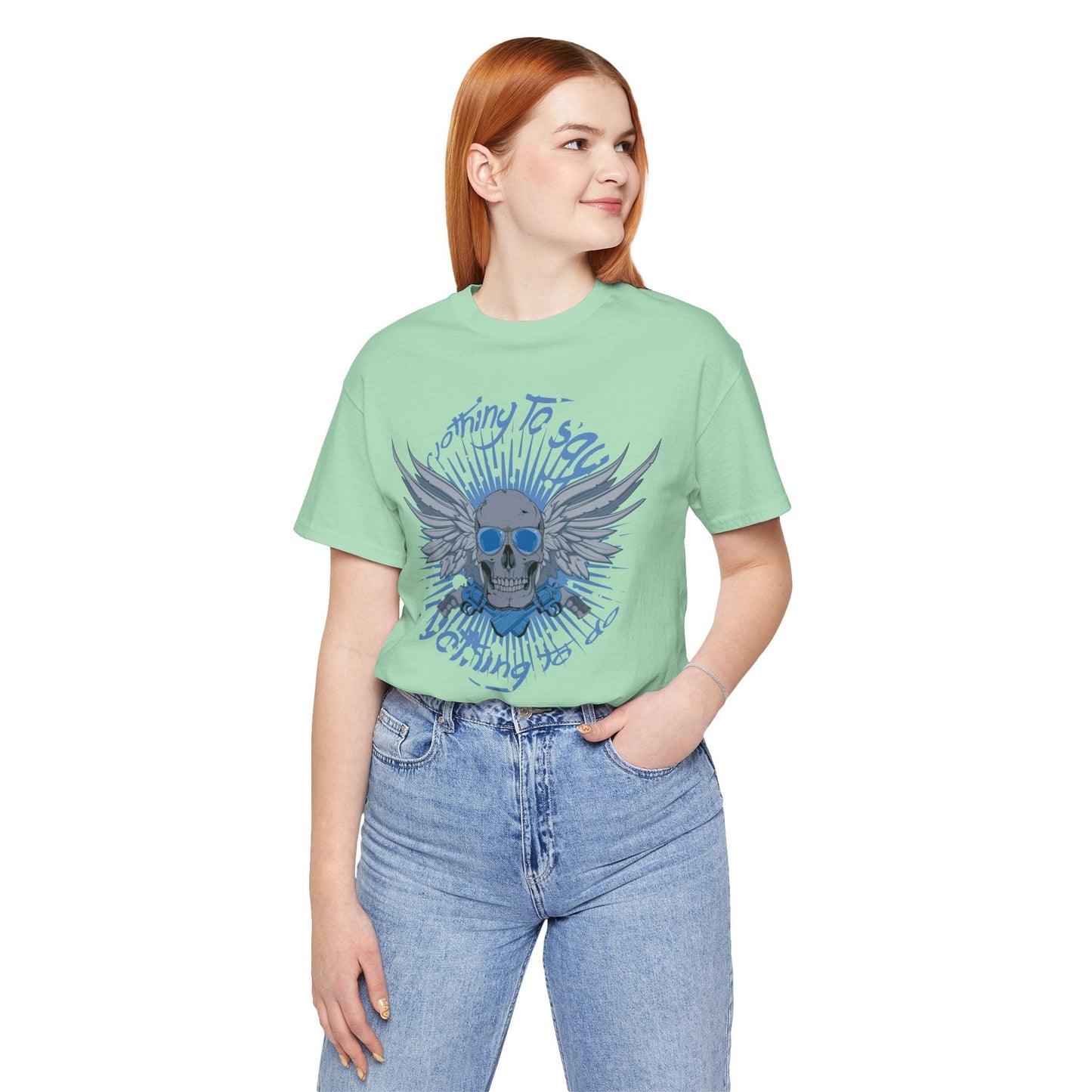 Winged Skull Graphic Tee | Blue Skull with Wings, Radiant Burst