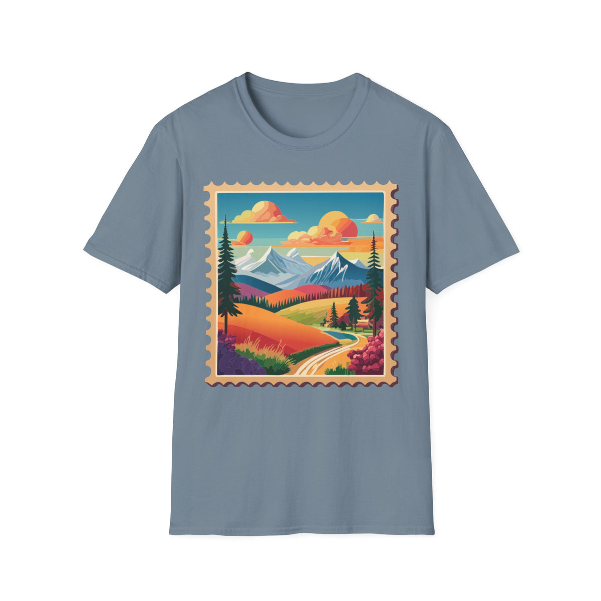Vintage Mountain Landscape T-Shirt | Scenic Stamp Illustration