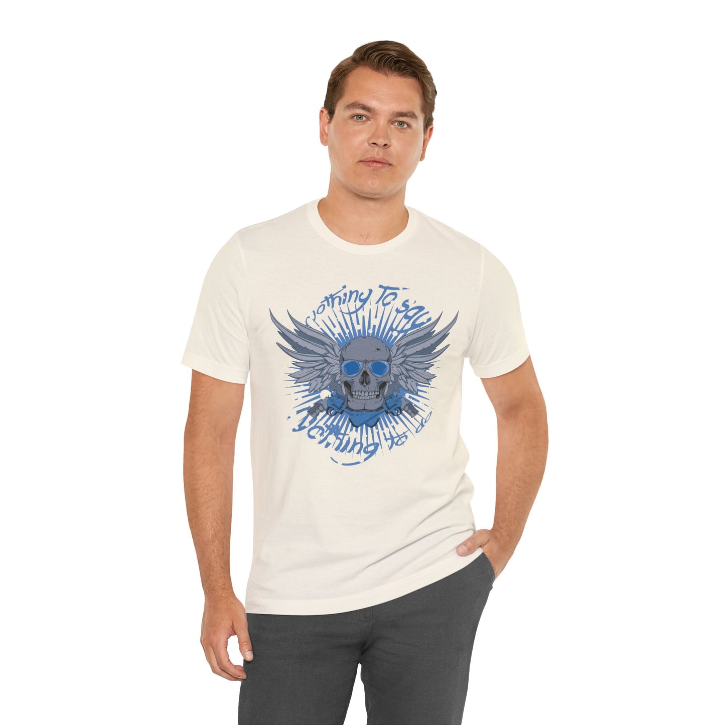 Winged Skull Graphic Tee | Blue Skull with Wings, Radiant Burst