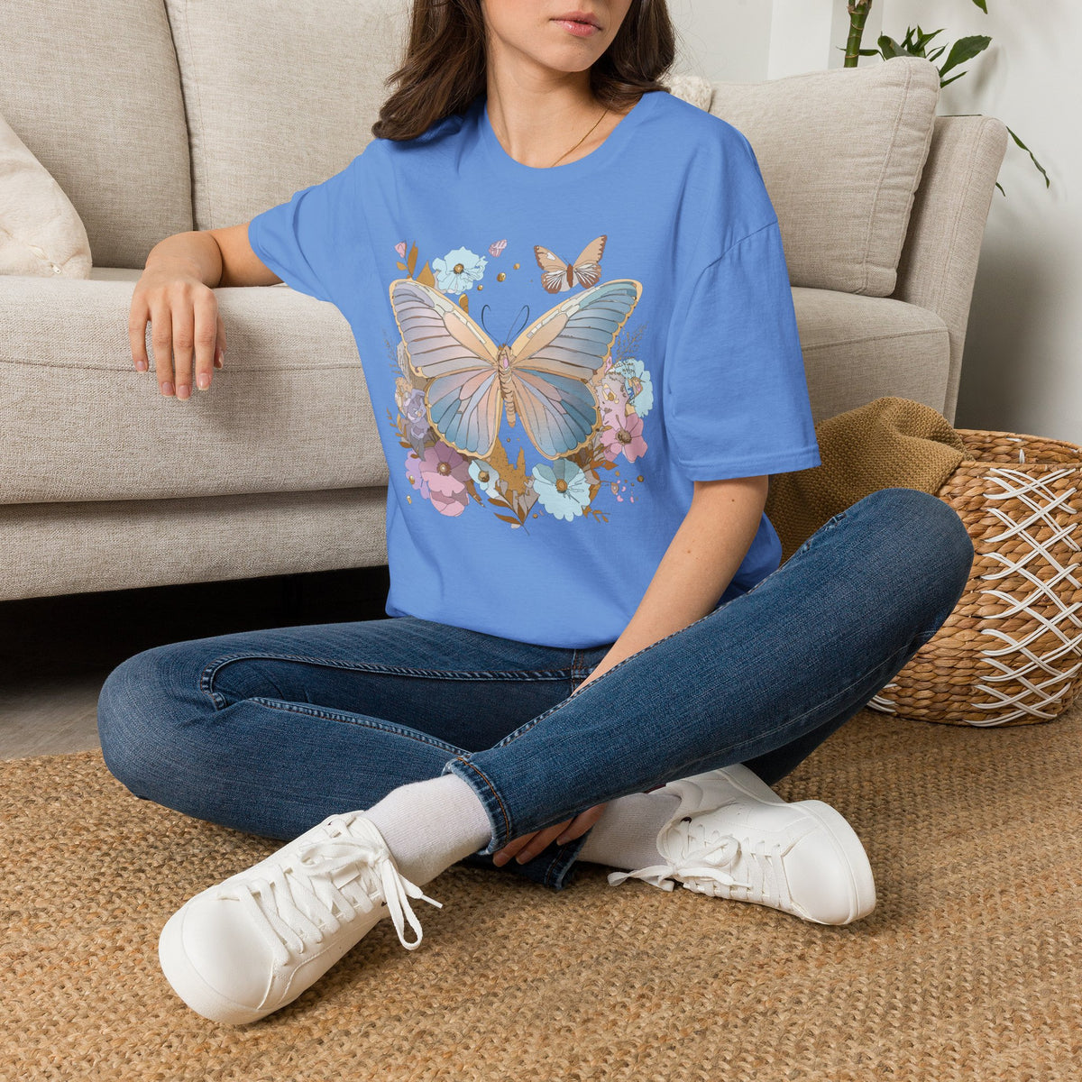 Butterfly Bloom T-Shirt — Pastel Floral Butterfly Graphic Design Unisex 100 Cotton Gildan T-Shirt