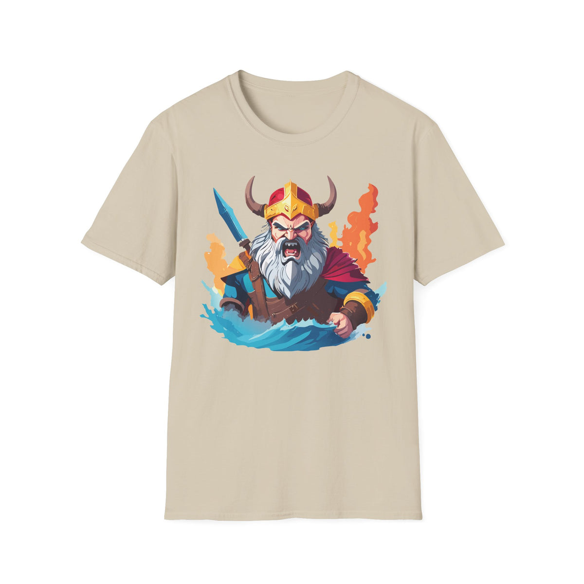 Viking Warrior Illustration T-Shirt | Horned Helmet, Sword, Flames