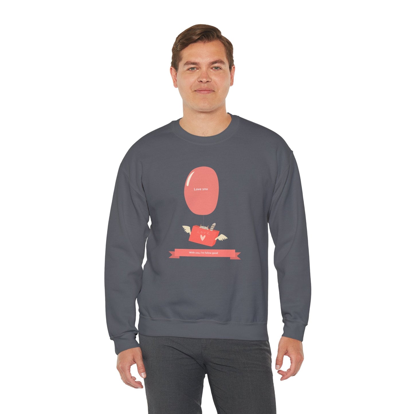 Cat Love Balloon Sweatshirt Unisex Fifty Fifty Cotton Poly Valentine Heavy Blend Crewneck Sweatshirt