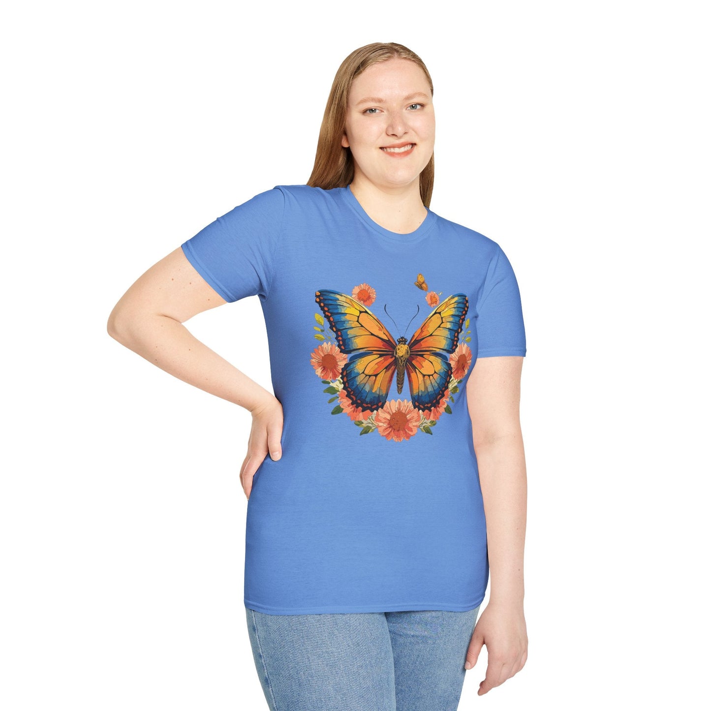 Butterfly T Shirt Unisex Softstyle Gildan 64000 Monarch Print 100 Percent Ring Spun Cotton