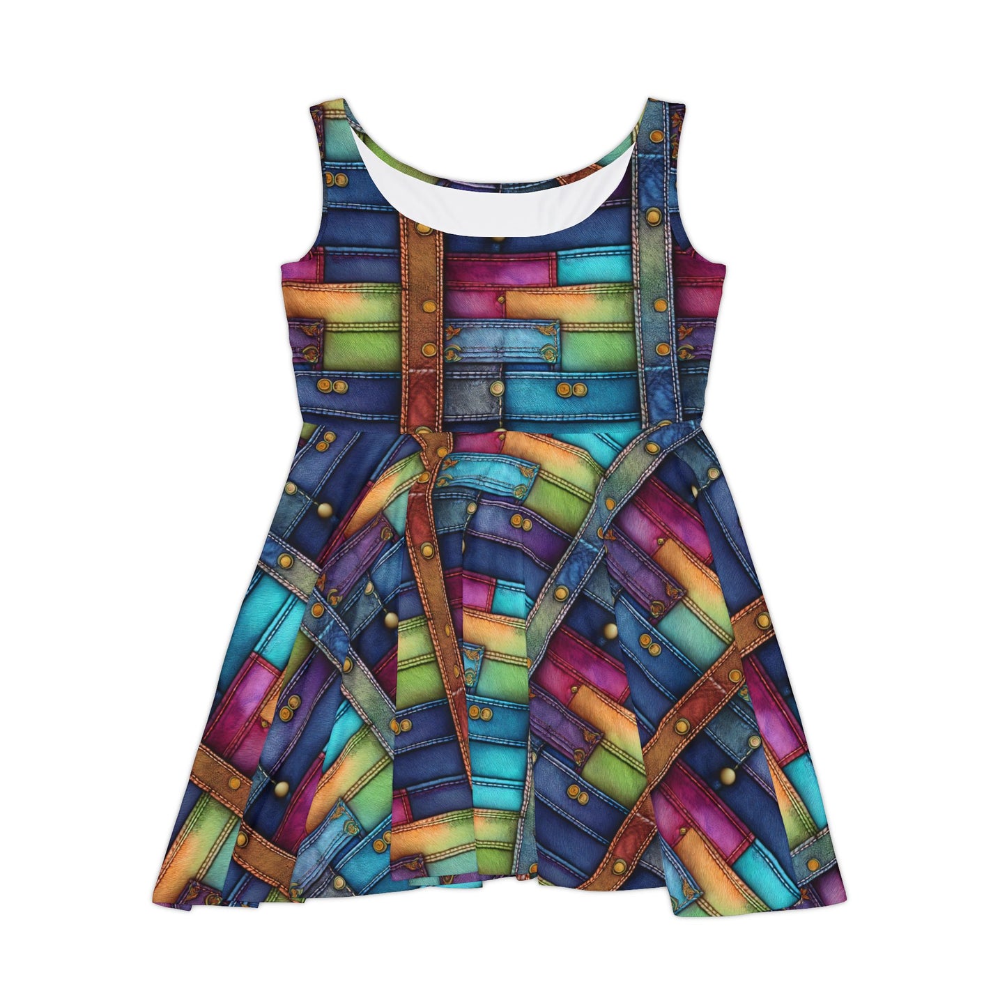 Women Denim Print Skater Dress, Denim Print Poly-Span Dress - 13