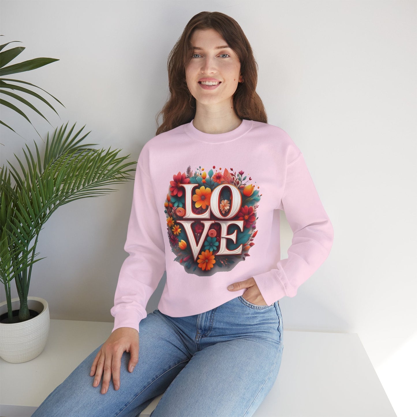 Floral Love Valentines Day Sweatshirt Unisex Heavy Blend Crewneck 50/50 Cotton Polyester Gildan 18000