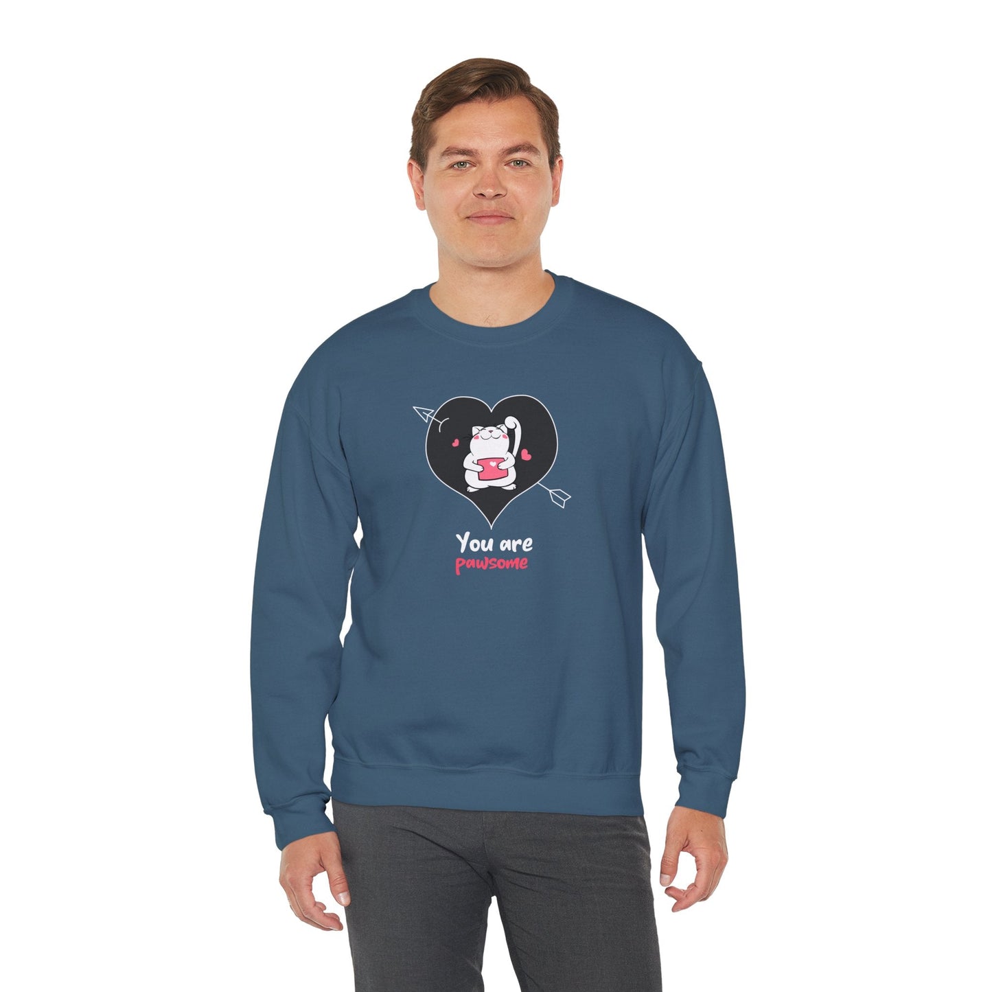 Cat Heart Sweatshirt Unisex Valentines Day Fifty Fifty Cotton Poly Crewneck Gildan 18000