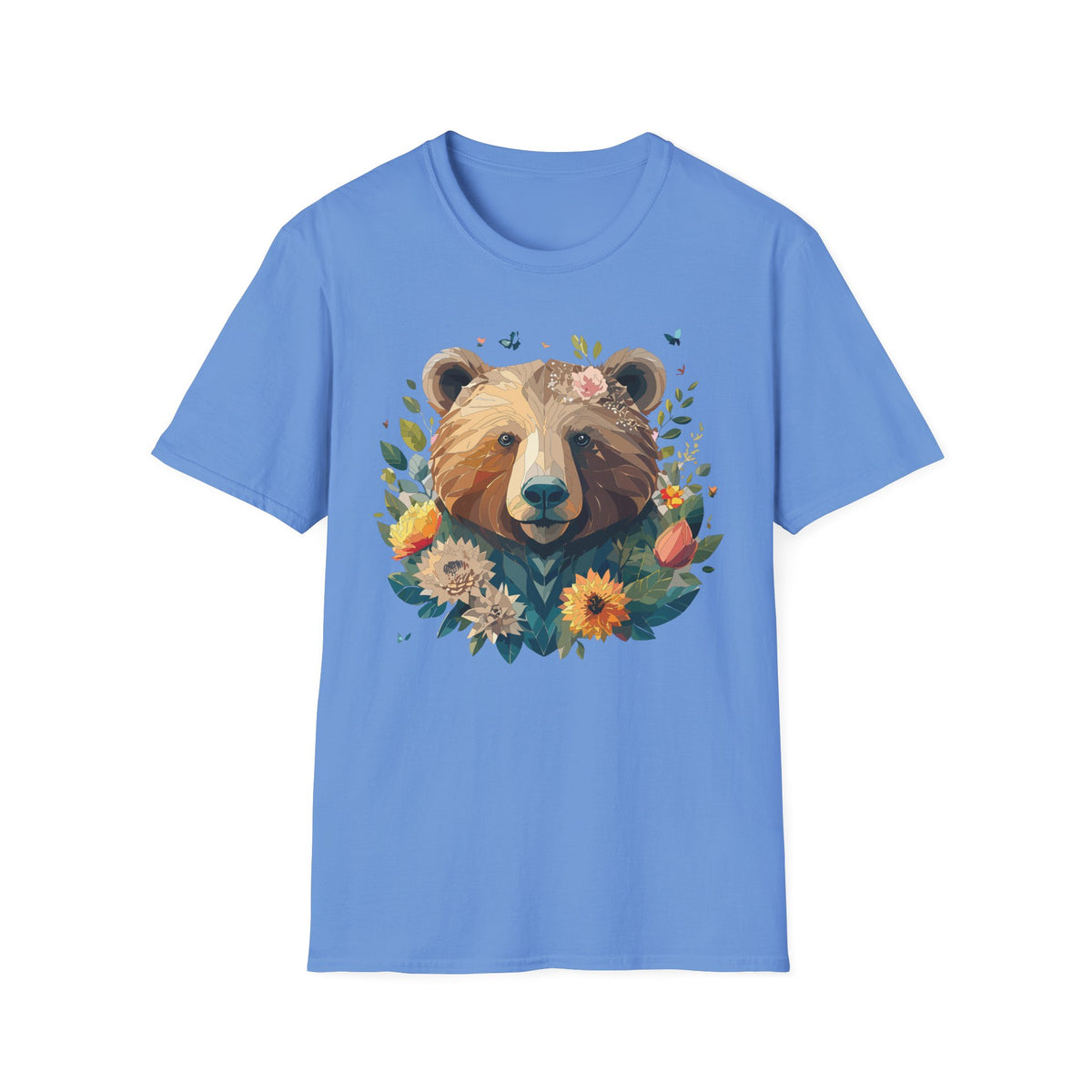 Floral Bear Illustration T-Shirt | Bear Face with Flowers