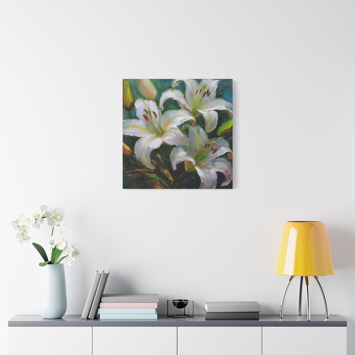 White Lilies Print Canvas, Floral Oil Paint Print 20x20, 24x24, 30x30, 32x32, 36x36 Art Design Pine-Wood Inner Frame MC-155