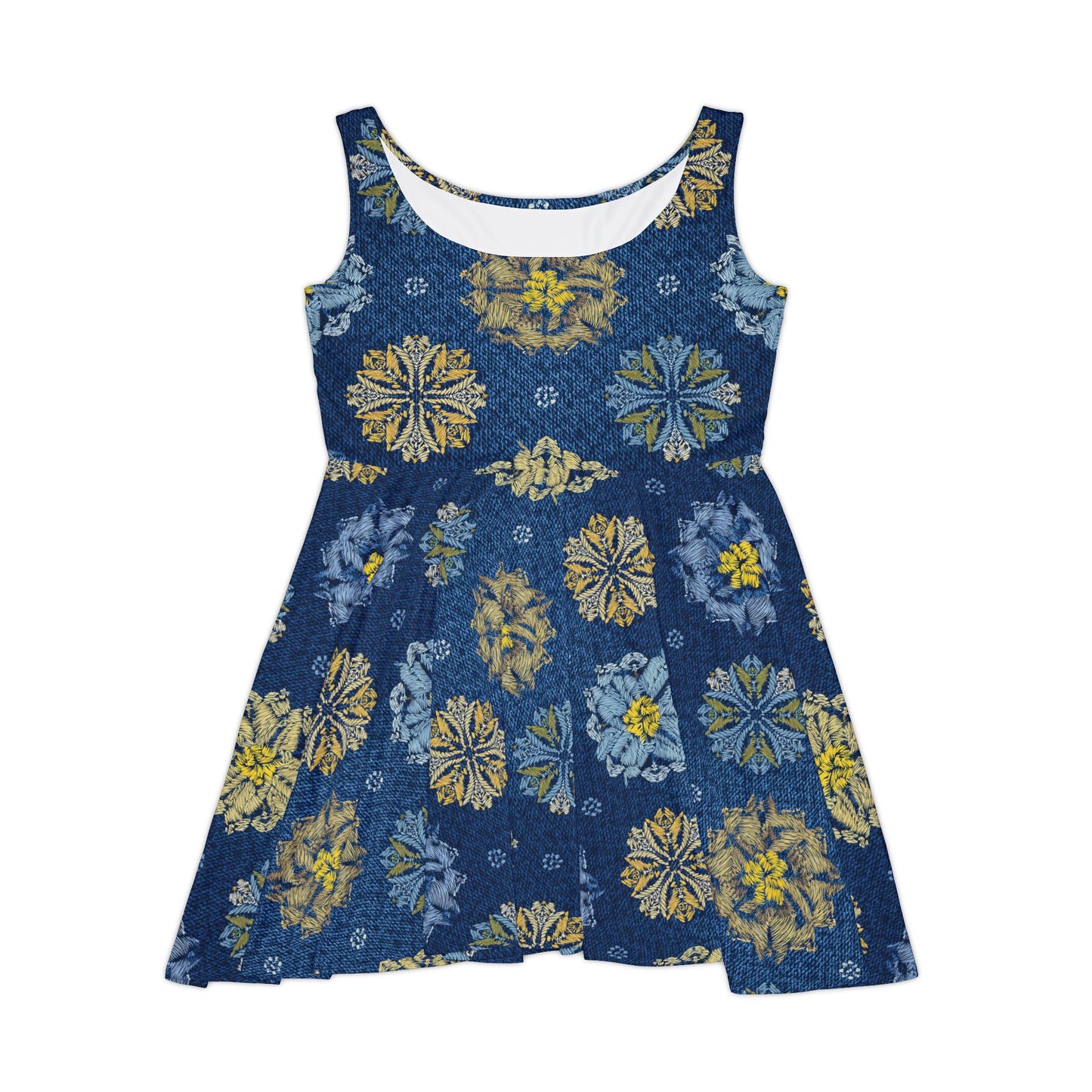 Women Denim Print Skater Dress, Denim Print Poly-Span Dress - 34