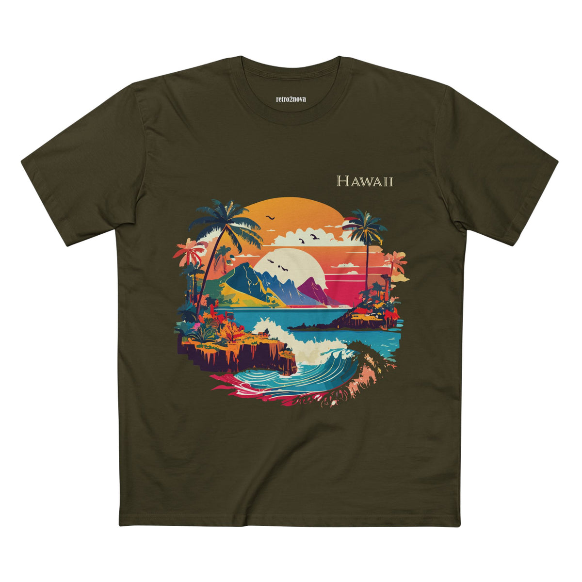 Hawaii Retro Sunset Surf Scene T-Shirt | Tropical Island Palm Beach Tee