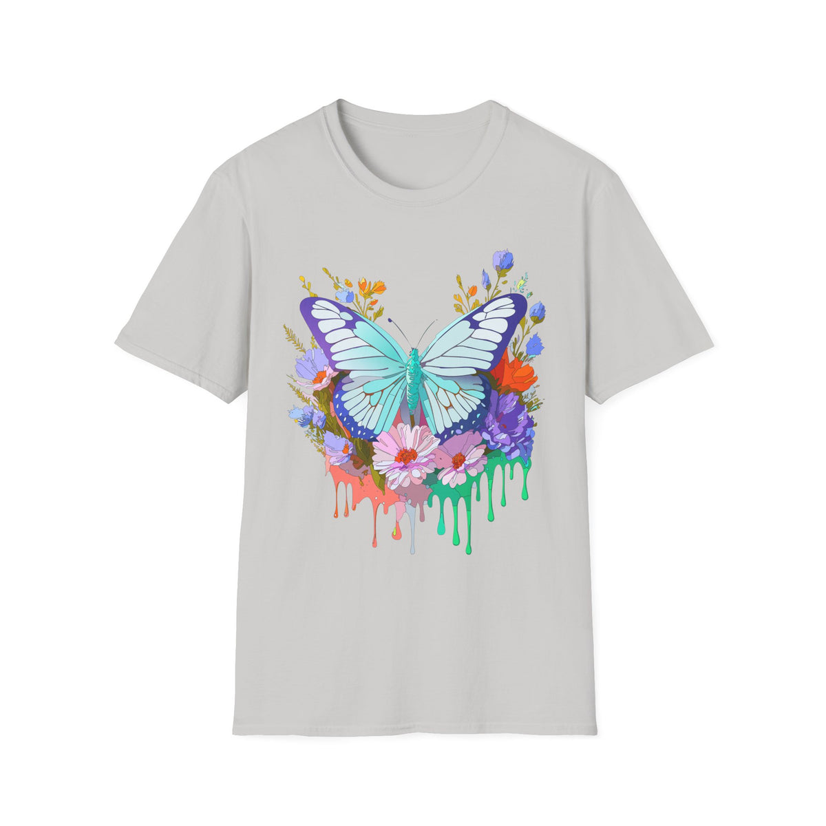 Butterfly Floral Drip T-Shirt — Teal Butterfly with Watercolor Flowers Graphic Tee Unisex 100 Cotton Gildan T-Shirt