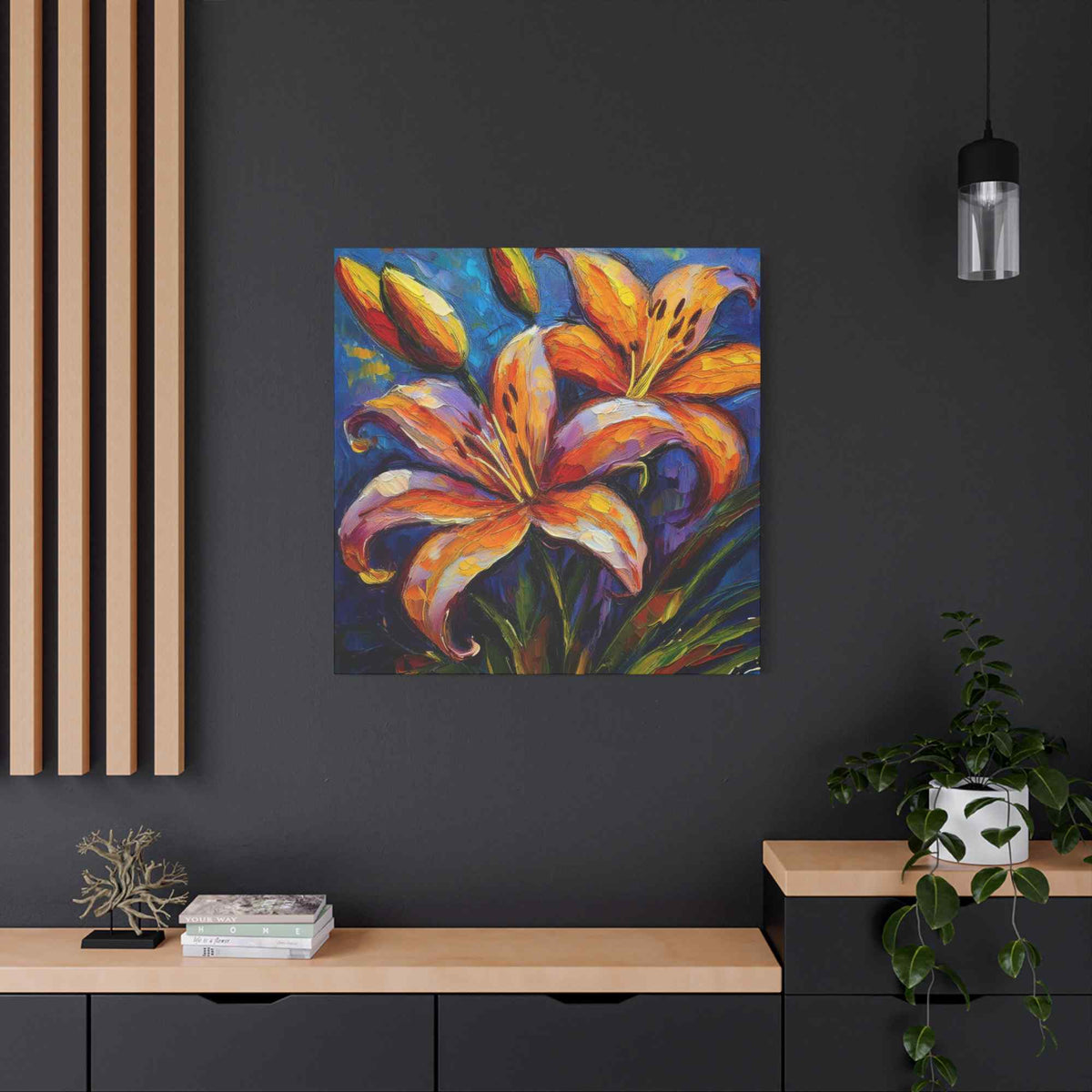 Gold Lilies Print Canvas, Floral Oil Paint Print 20x20, 24x24, 30x30, 32x32, 36x36 Art Design Pine-Wood Inner Frame MC-151