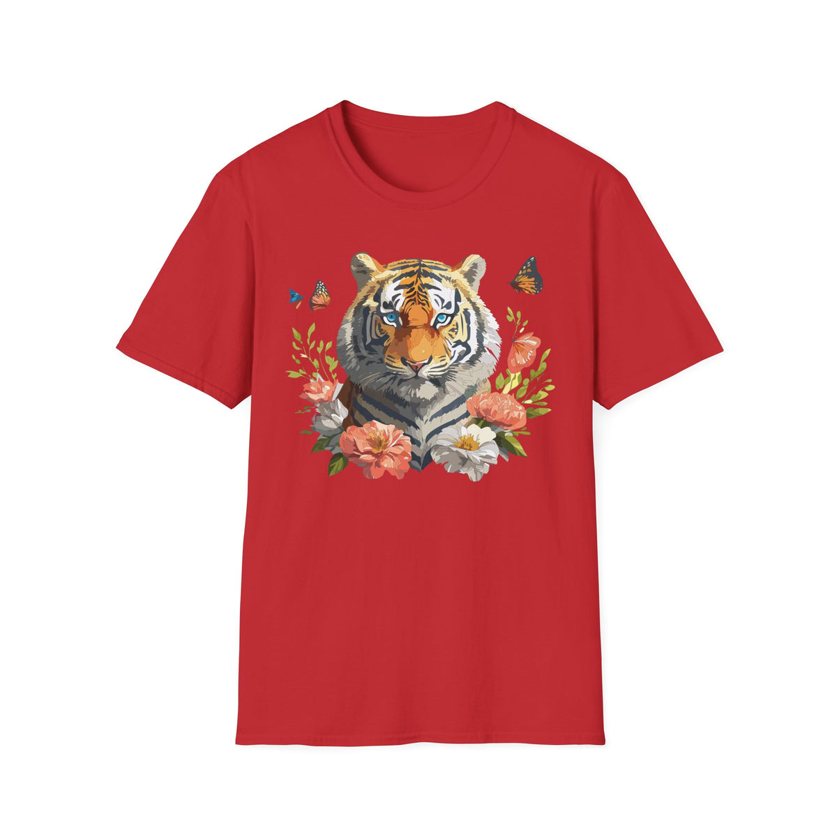 Floral Tiger Portrait T-Shirt | Watercolor Big Cat with Butterflies