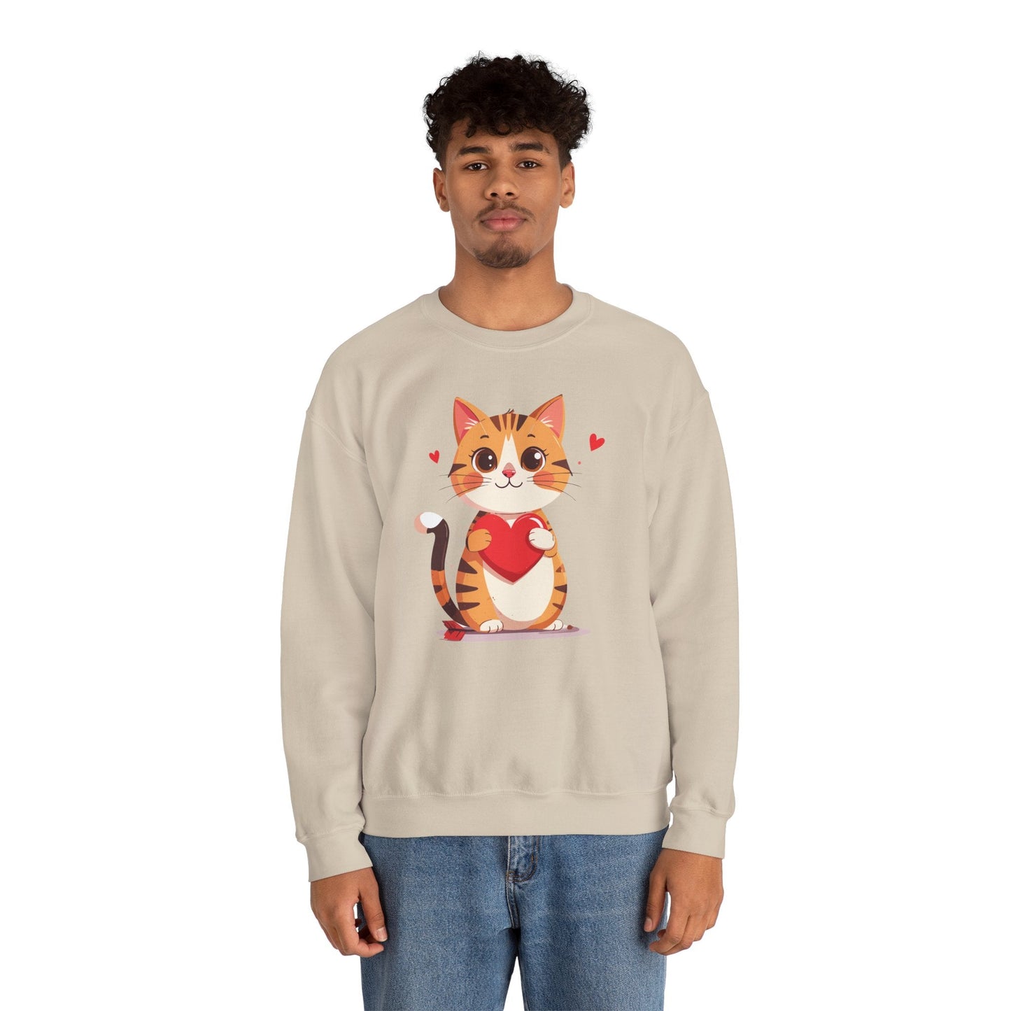 Cat Heart Sweatshirt Unisex Fifty Fifty Cotton Polyester Crewneck Valentines Day Gildan 18000