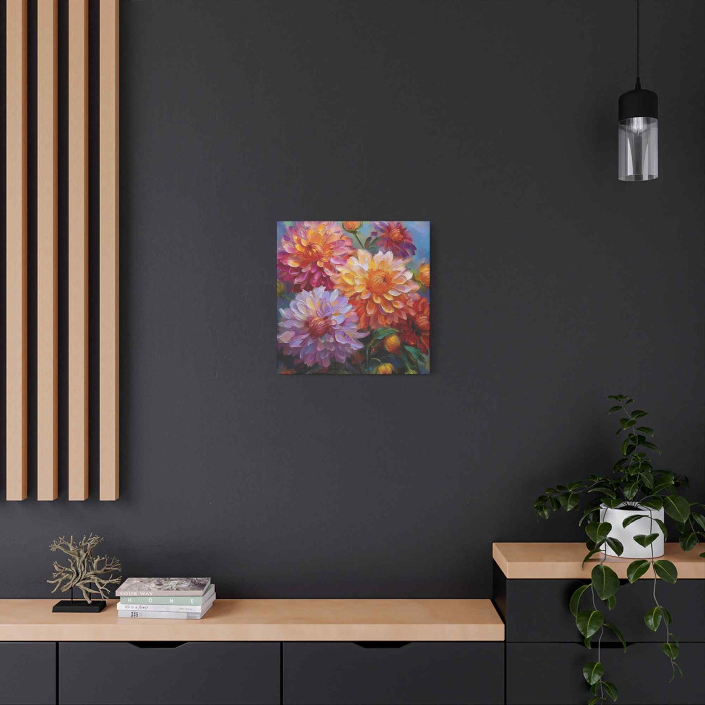 Dahlias Floral Print Canvas, Floral Oil Paint Print 20x20, 24x24, 30x30, 32x32, 36x36 Art Design Pine-Wood Inner Frame MC-165