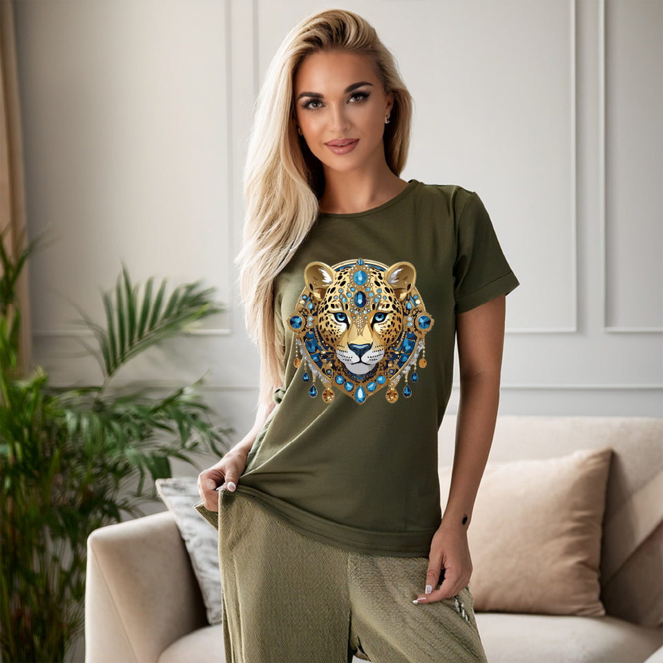 Cheetah Graphic Unisex 100 Cotton Tee With Unique Animal Golden Medallion Art Design 47