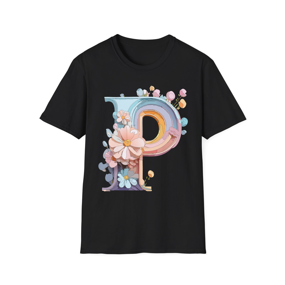 Floral Letter P T-Shirt | Pastel Rainbow Monogram Tee